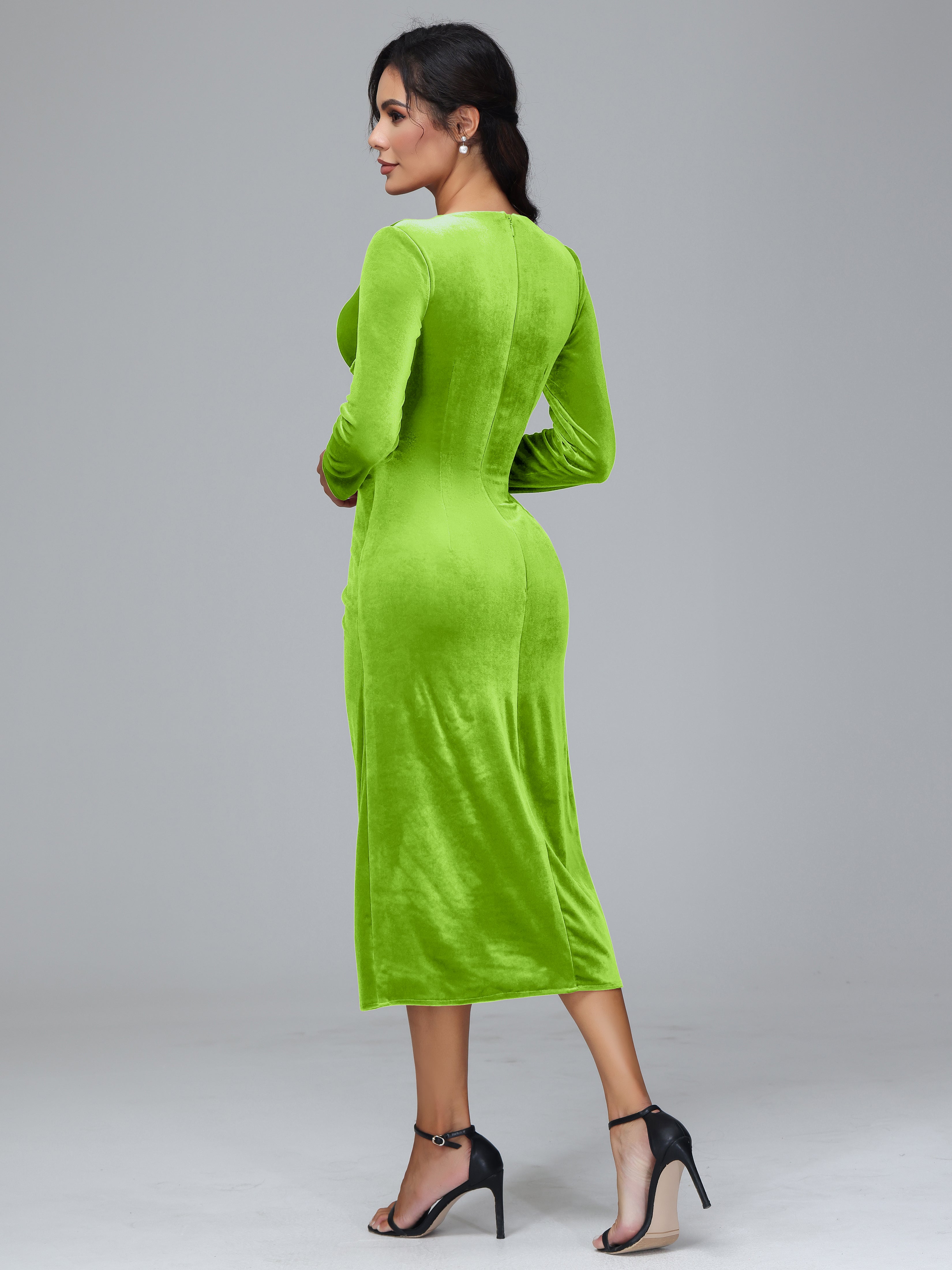 Long Sleeves Tea Length Plus Size Velvet Bridesmaid Dress