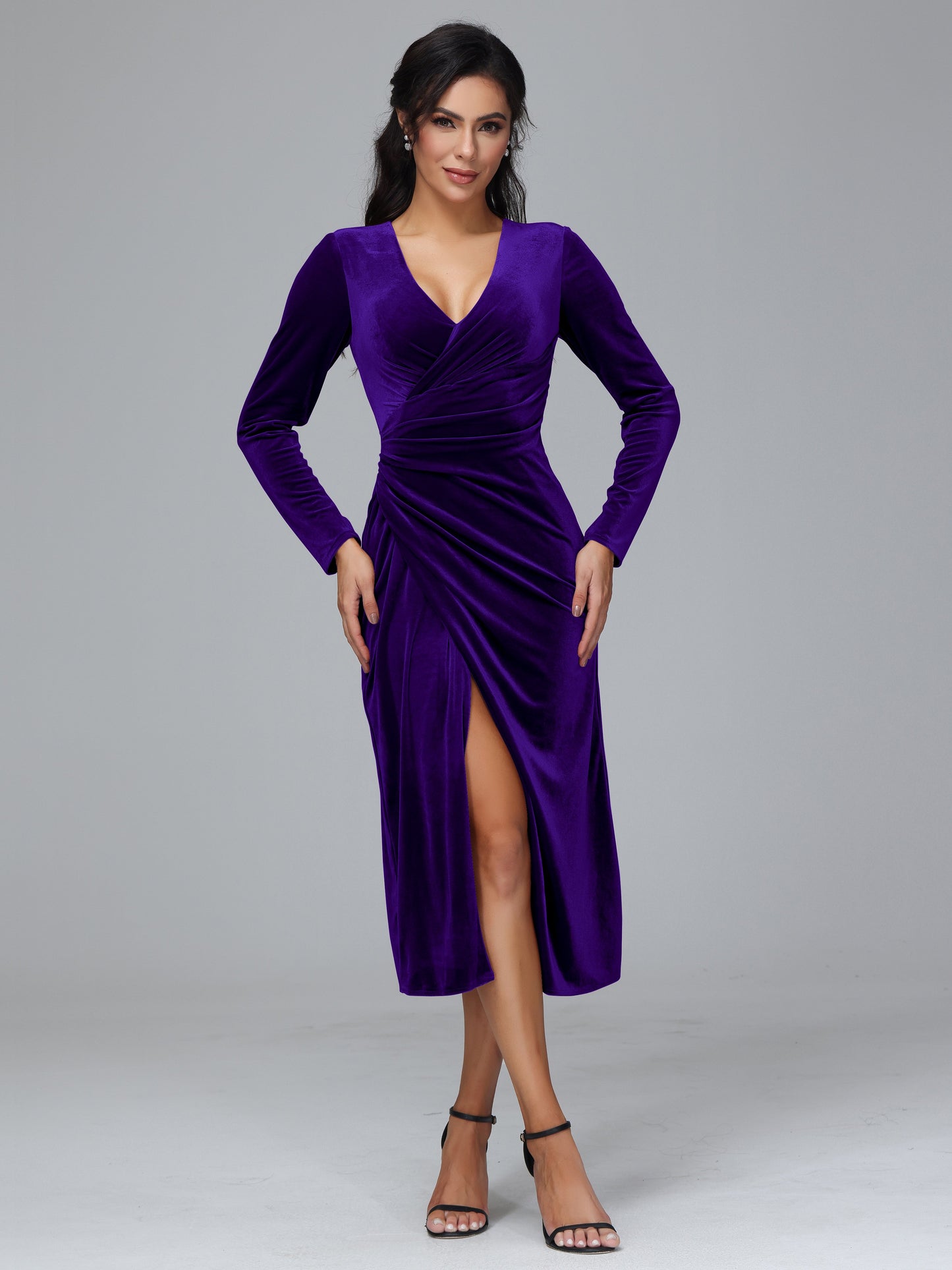 Long Sleeves Tea Length Velvet Bridesmaid Dress