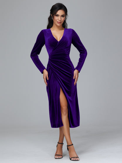 Long Sleeves Tea Length Velvet Bridesmaid Dress