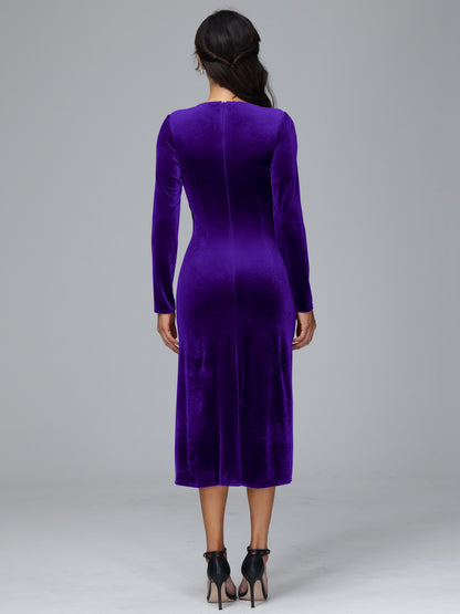 Long Sleeves Tea Length Velvet Bridesmaid Dress