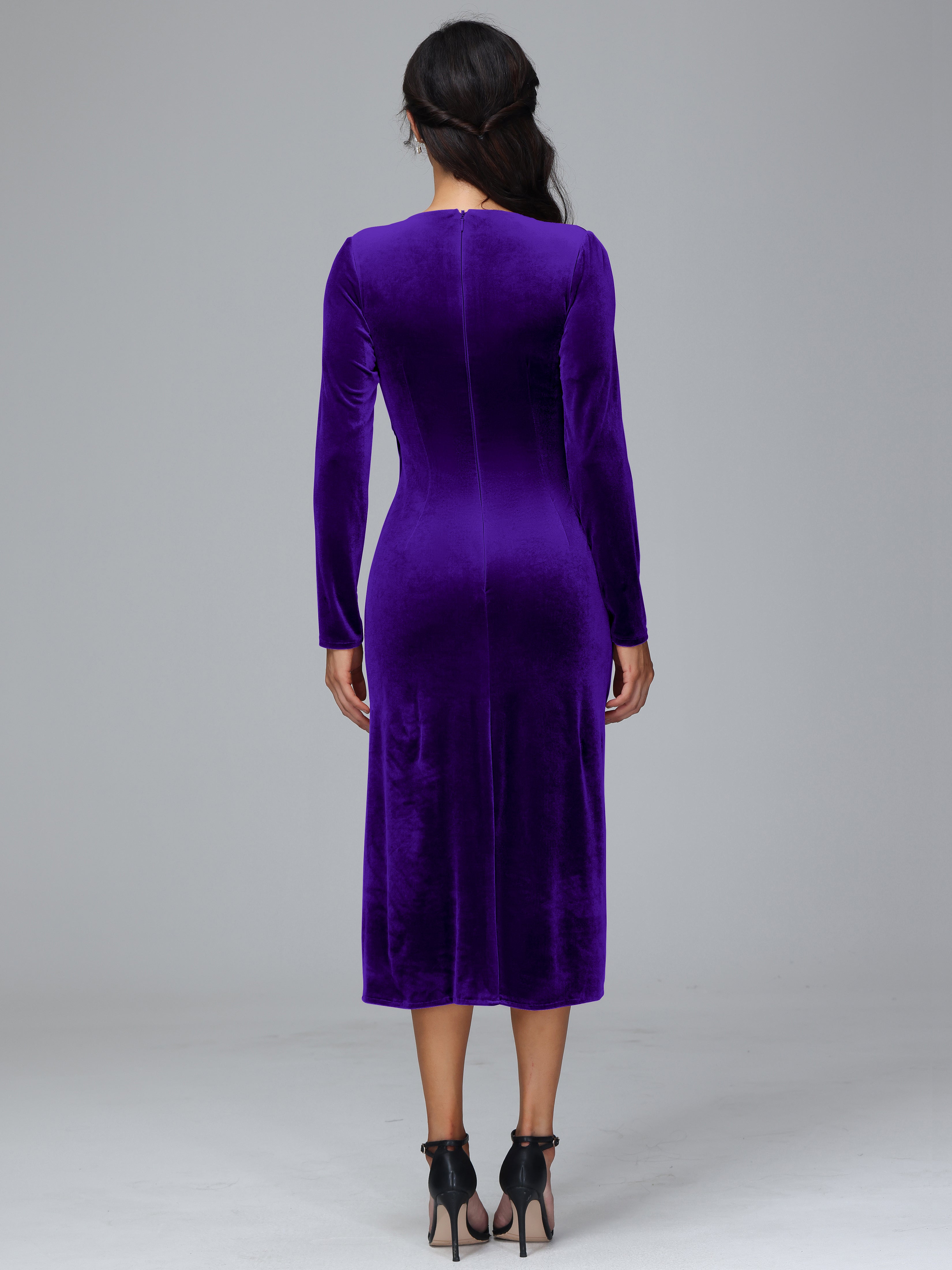 Long Sleeves Tea Length Plus Size Velvet Bridesmaid Dress