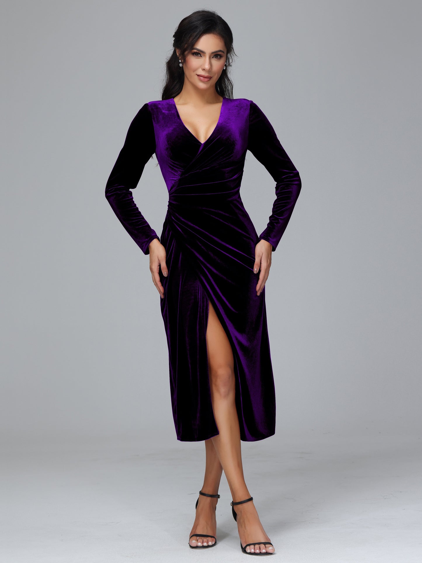 Long Sleeves Tea Length Velvet Bridesmaid Dress