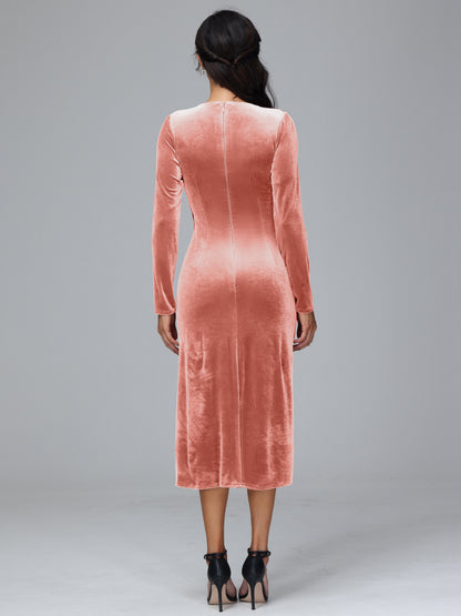 Long Sleeves Tea Length Velvet Bridesmaid Dress