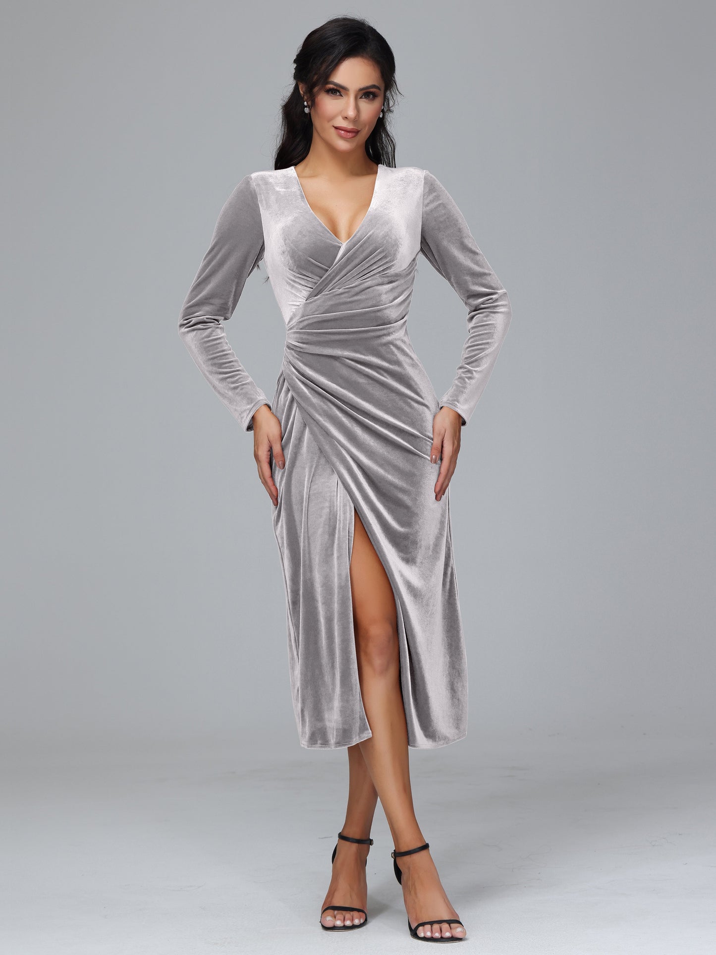 Long Sleeves Tea Length Velvet Bridesmaid Dress