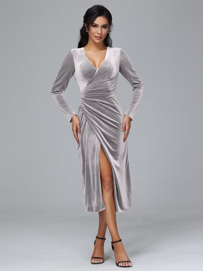 Long Sleeves Tea Length Plus Size Velvet Bridesmaid Dress