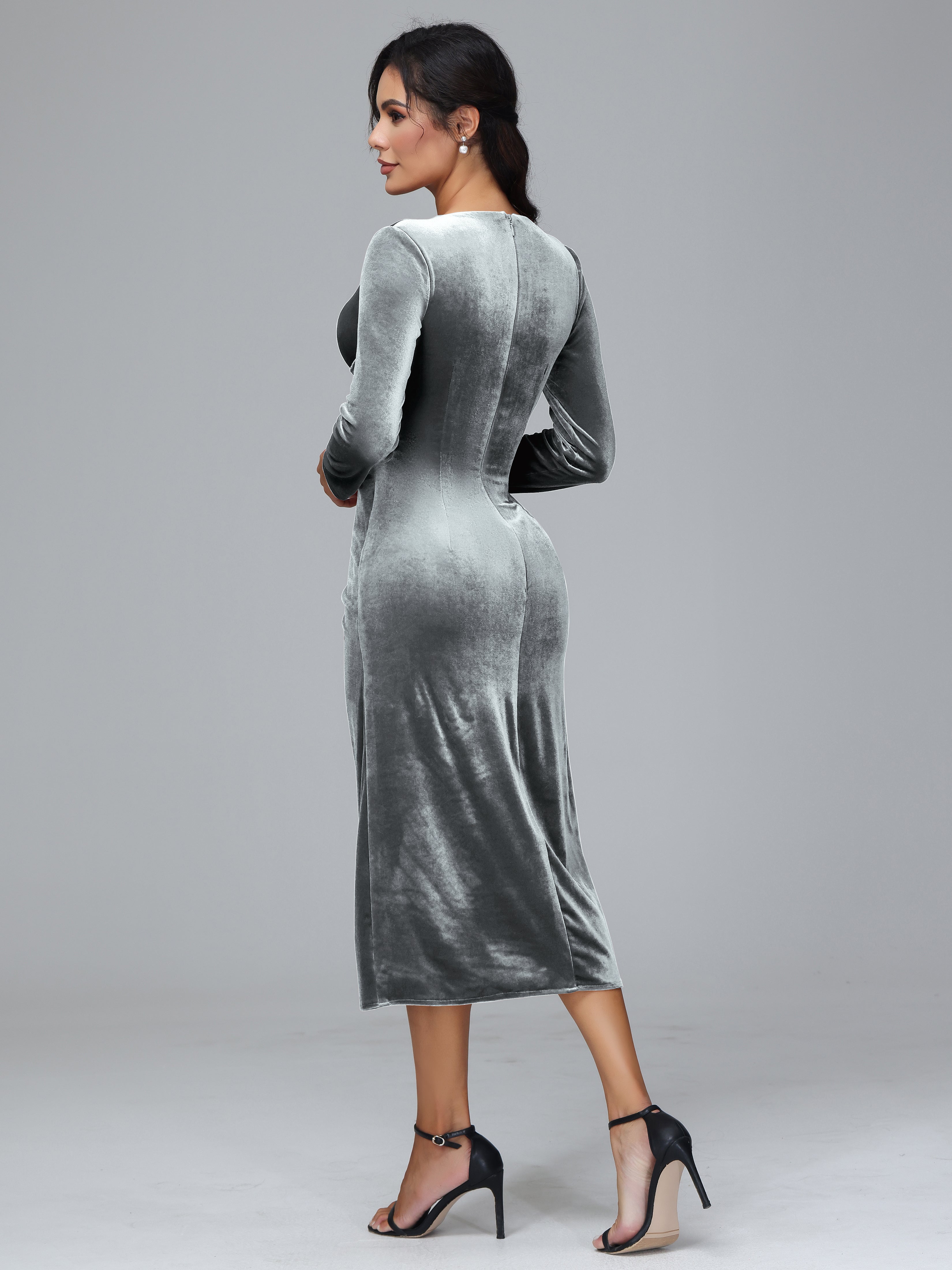 Long Sleeves Tea Length Velvet Bridesmaid Dress