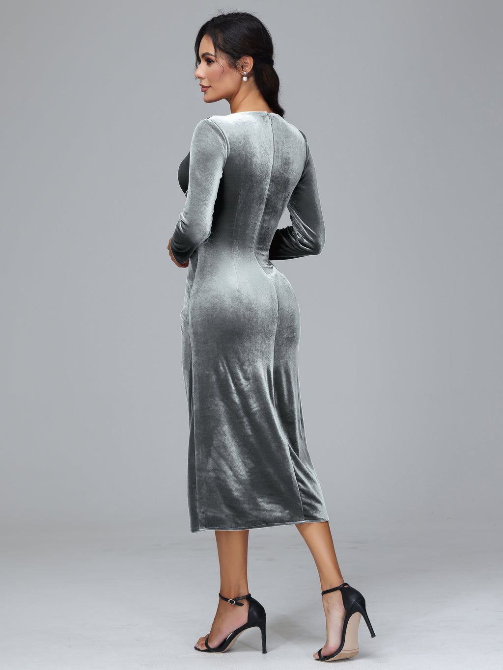 Long Sleeves Tea Length Plus Size Velvet Bridesmaid Dress