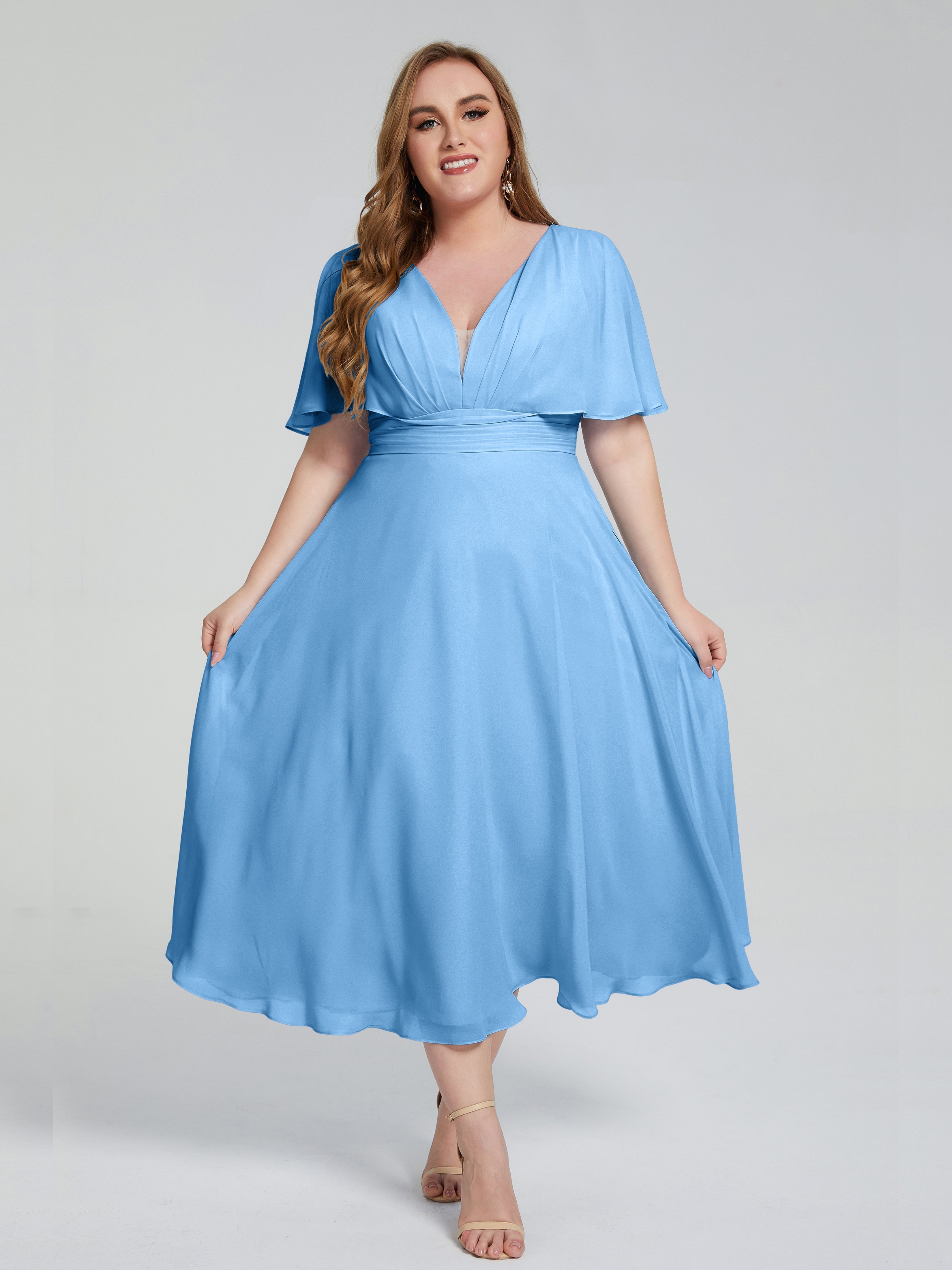 Lucia V-neck Plus Size Bridesmaid Dresses with Sleeves