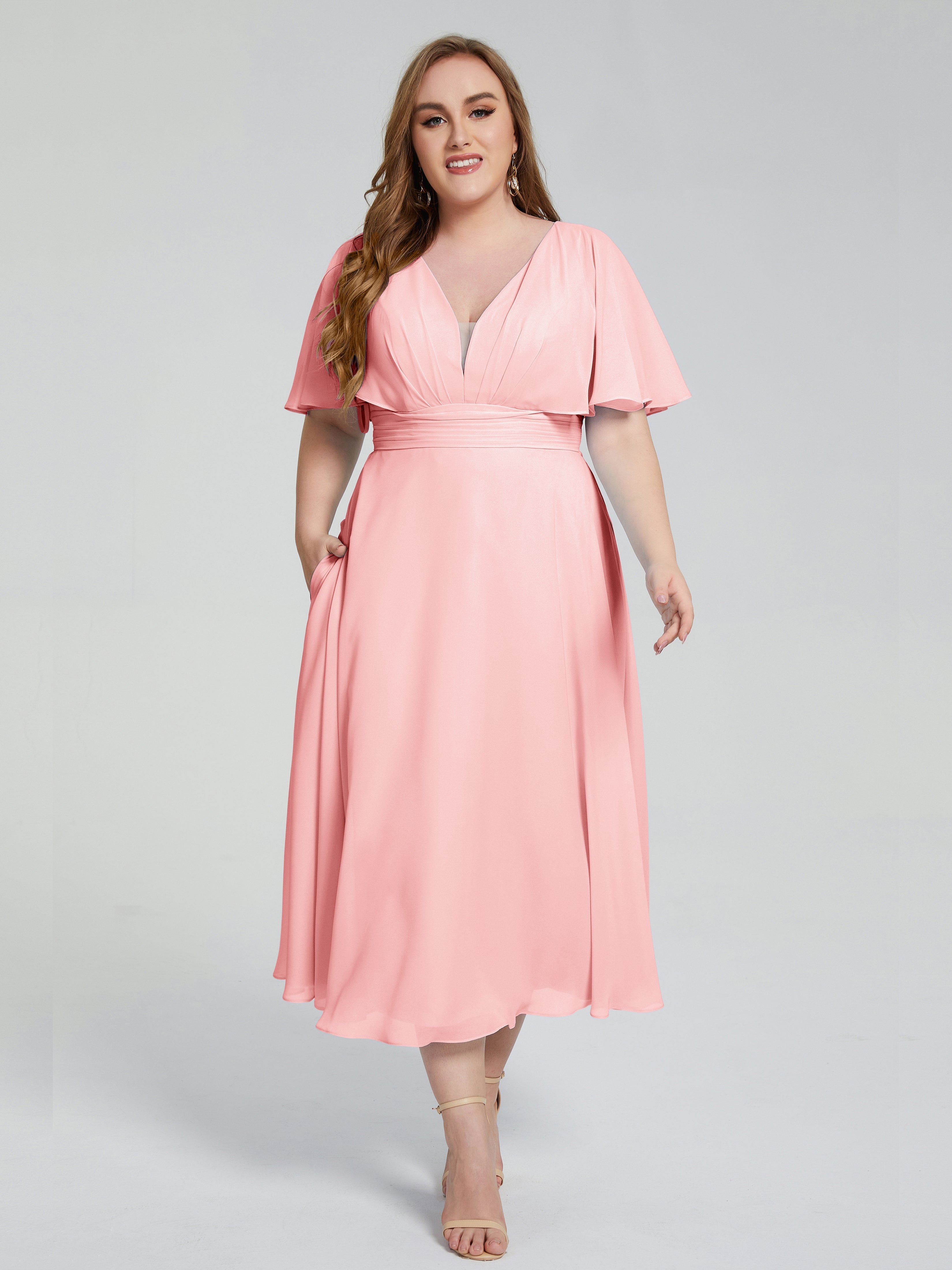 Lucia V-neck Plus Size Bridesmaid Dresses with Sleeves