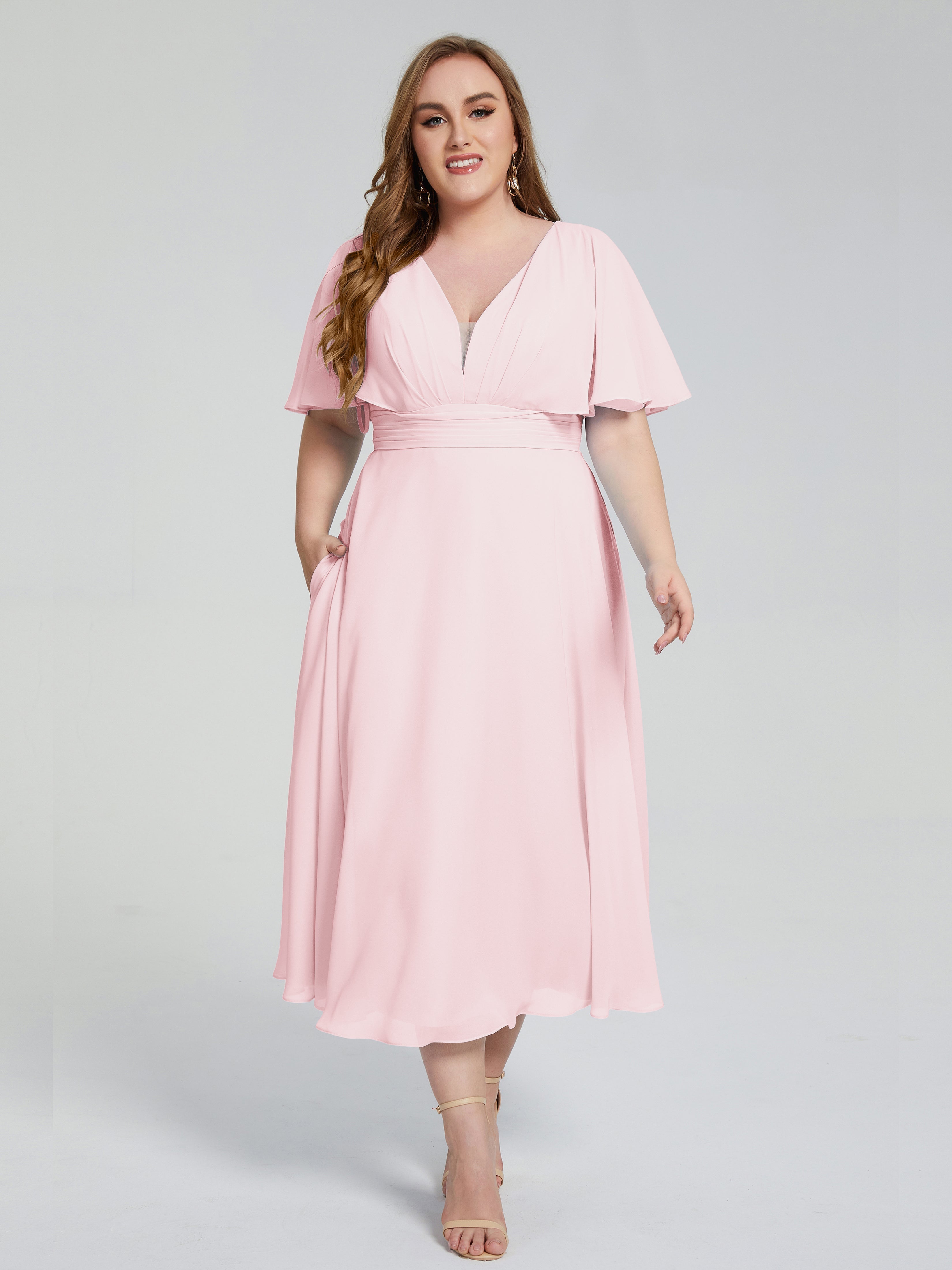 Lucia V-neck Plus Size Bridesmaid Dresses with Sleeves