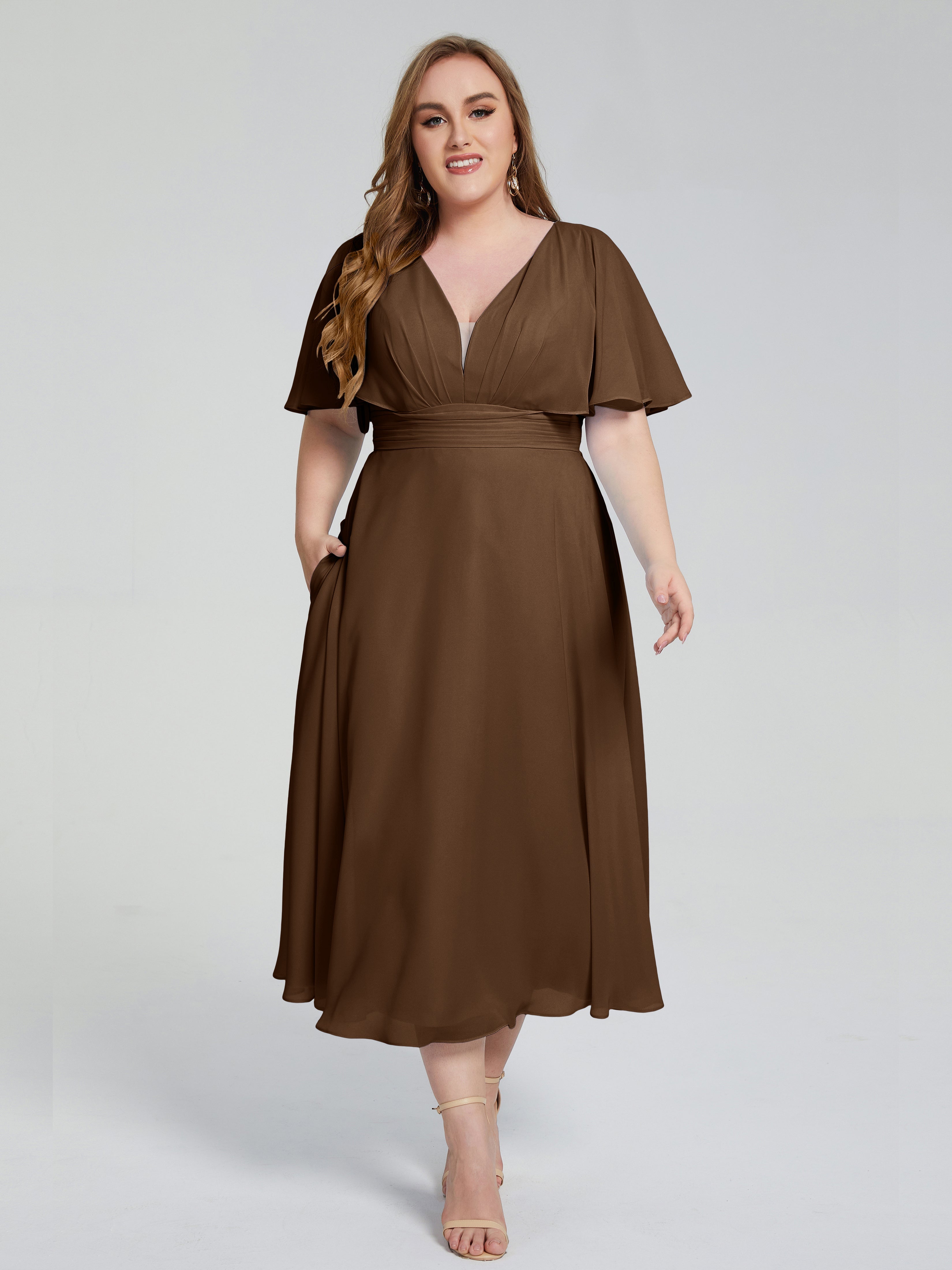 Lucia V-neck Plus Size Bridesmaid Dresses with Sleeves