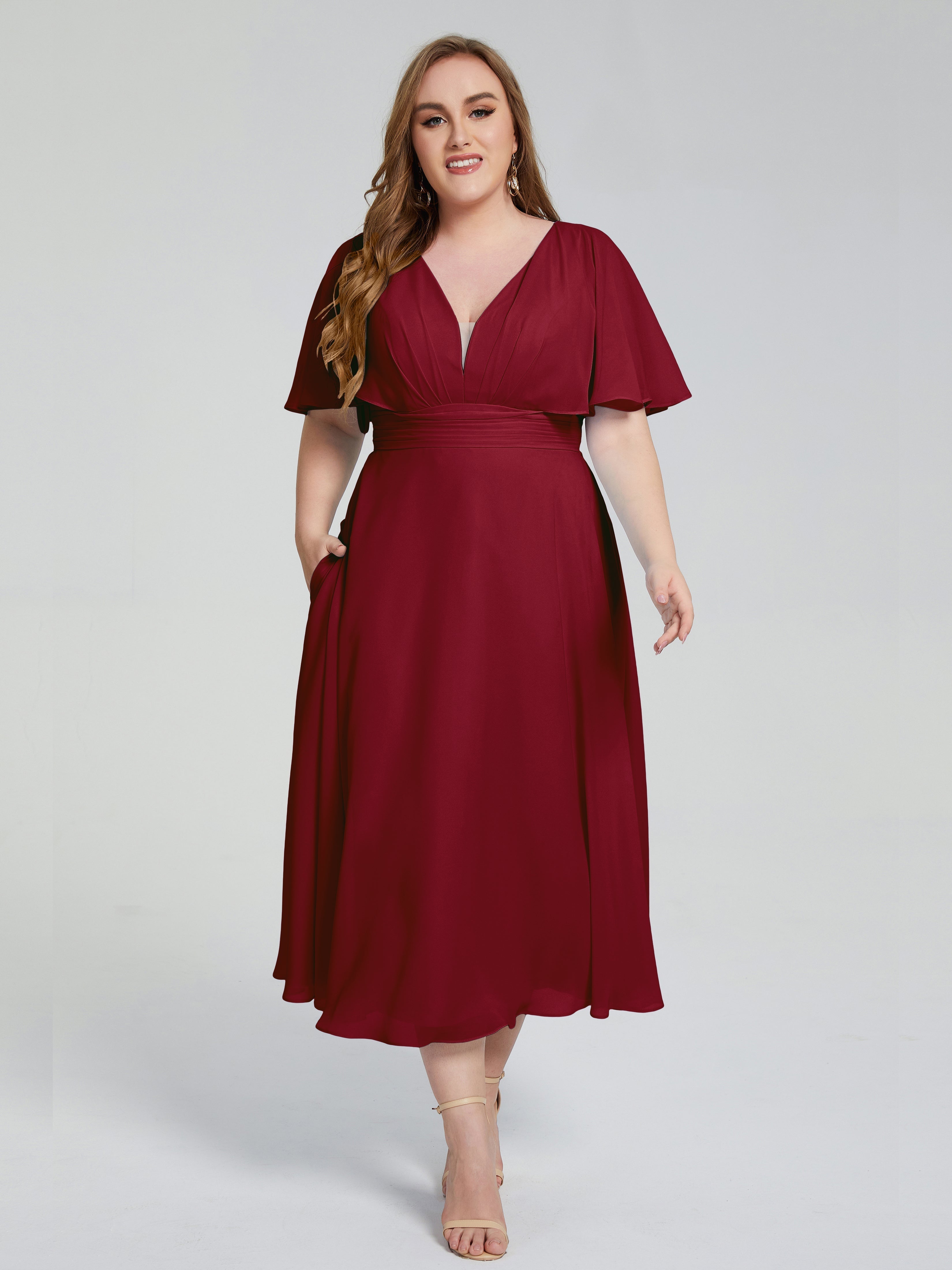 Lucia V-neck Plus Size Bridesmaid Dresses with Sleeves