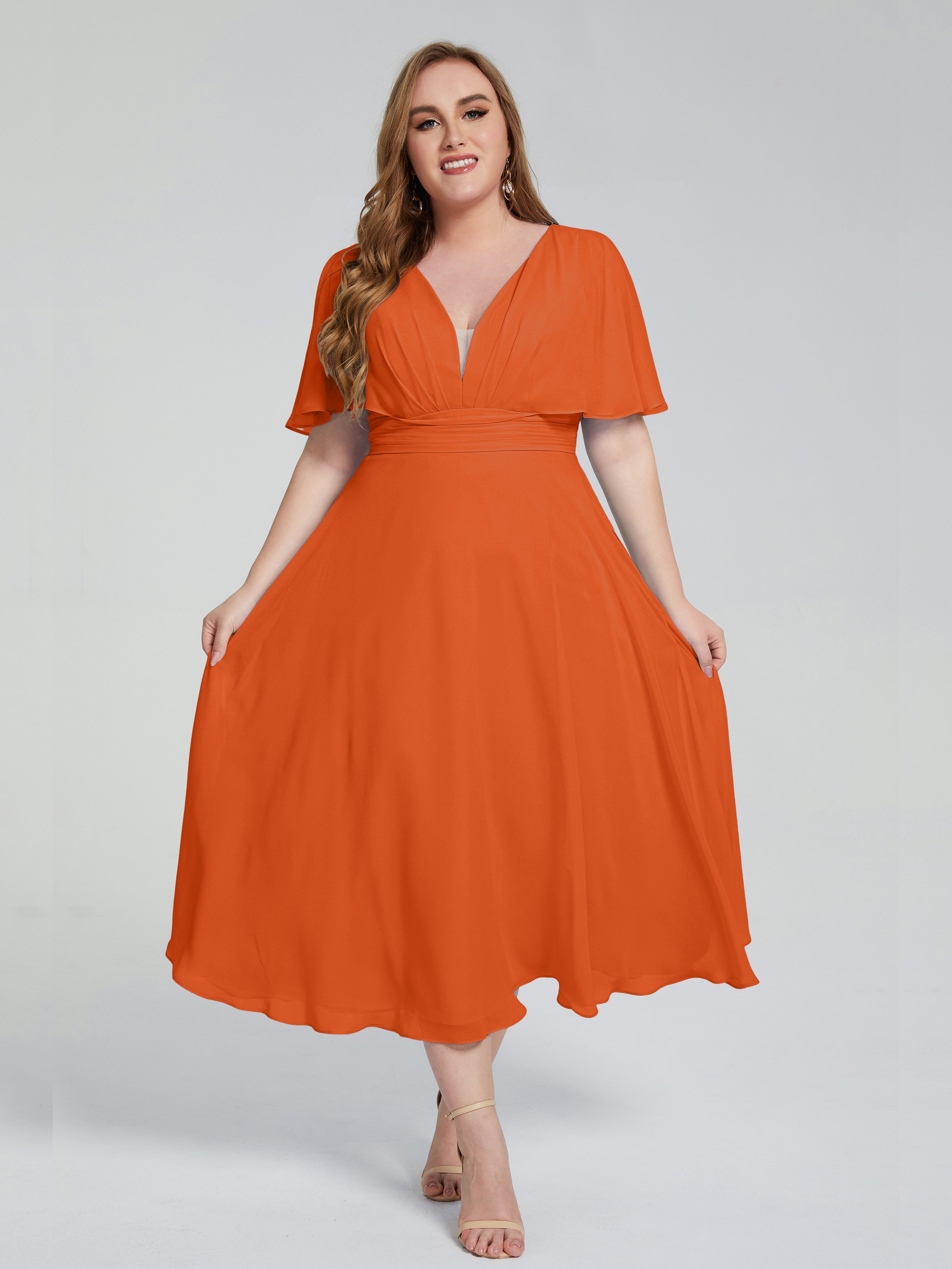 Lucia V-neck Plus Size Bridesmaid Dresses with Sleeves