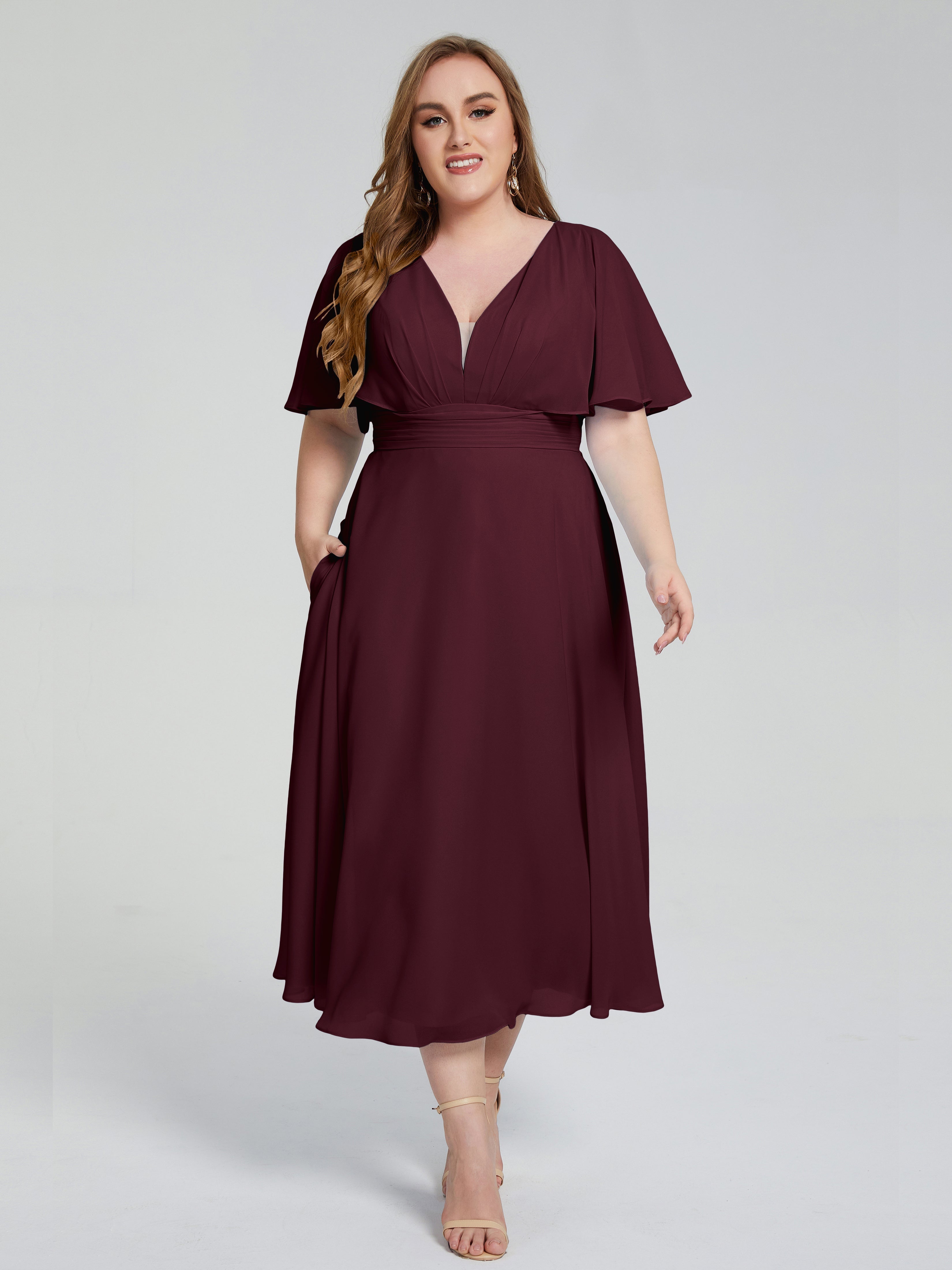 Lucia V-neck Plus Size Bridesmaid Dresses with Sleeves
