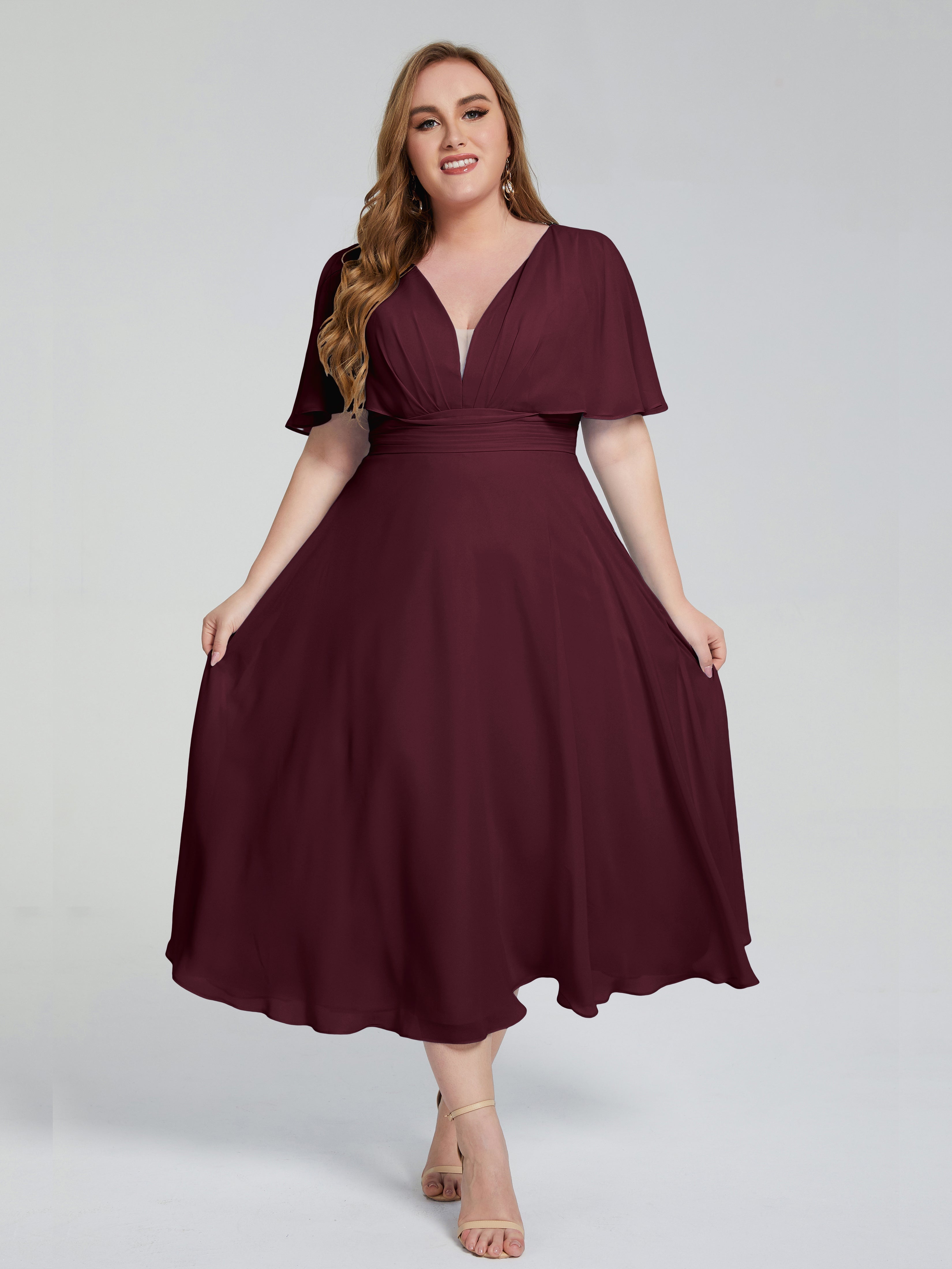 Lucia V-neck Plus Size Bridesmaid Dresses with Sleeves