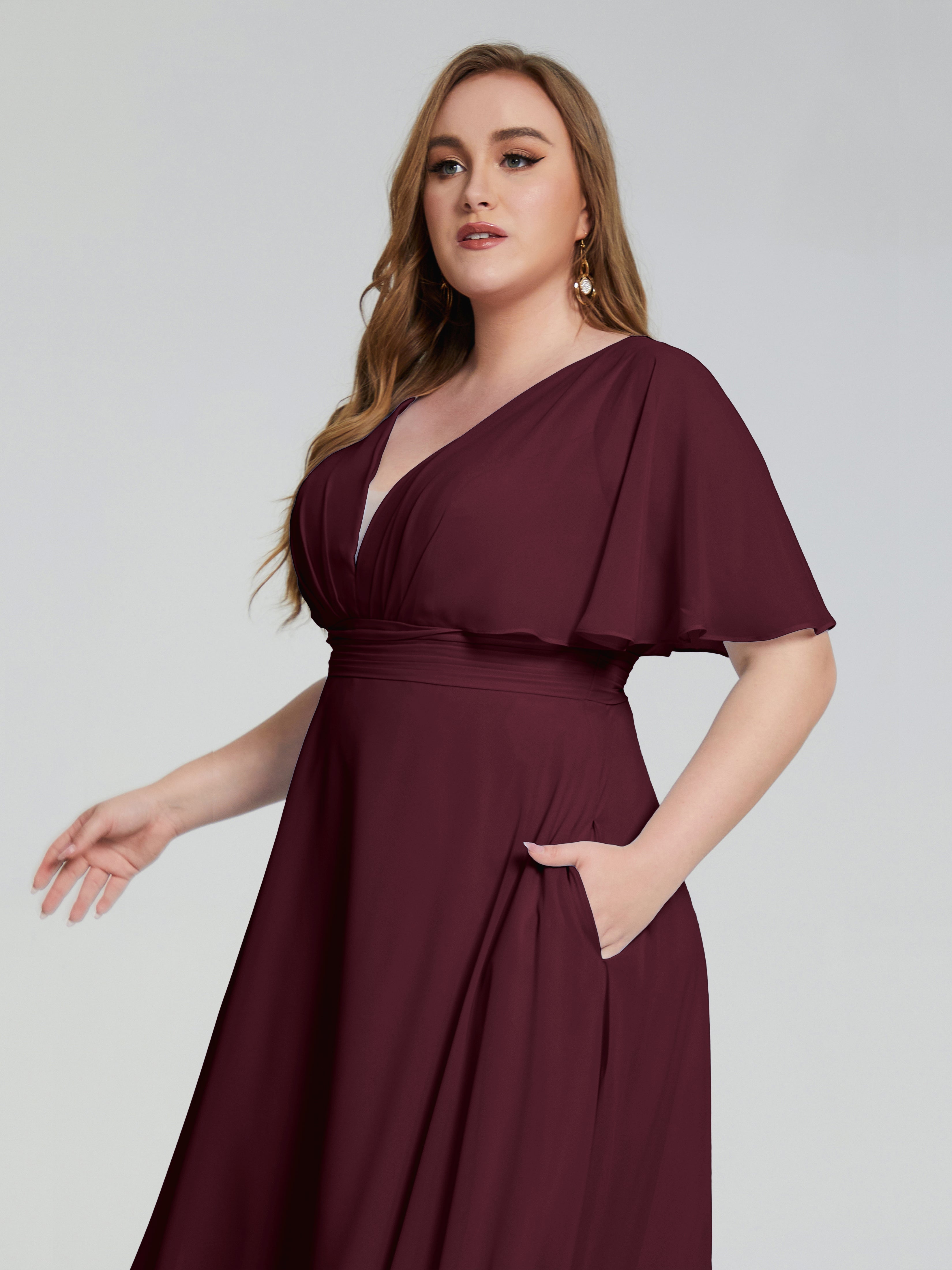 Lucia V-neck Plus Size Bridesmaid Dresses with Sleeves