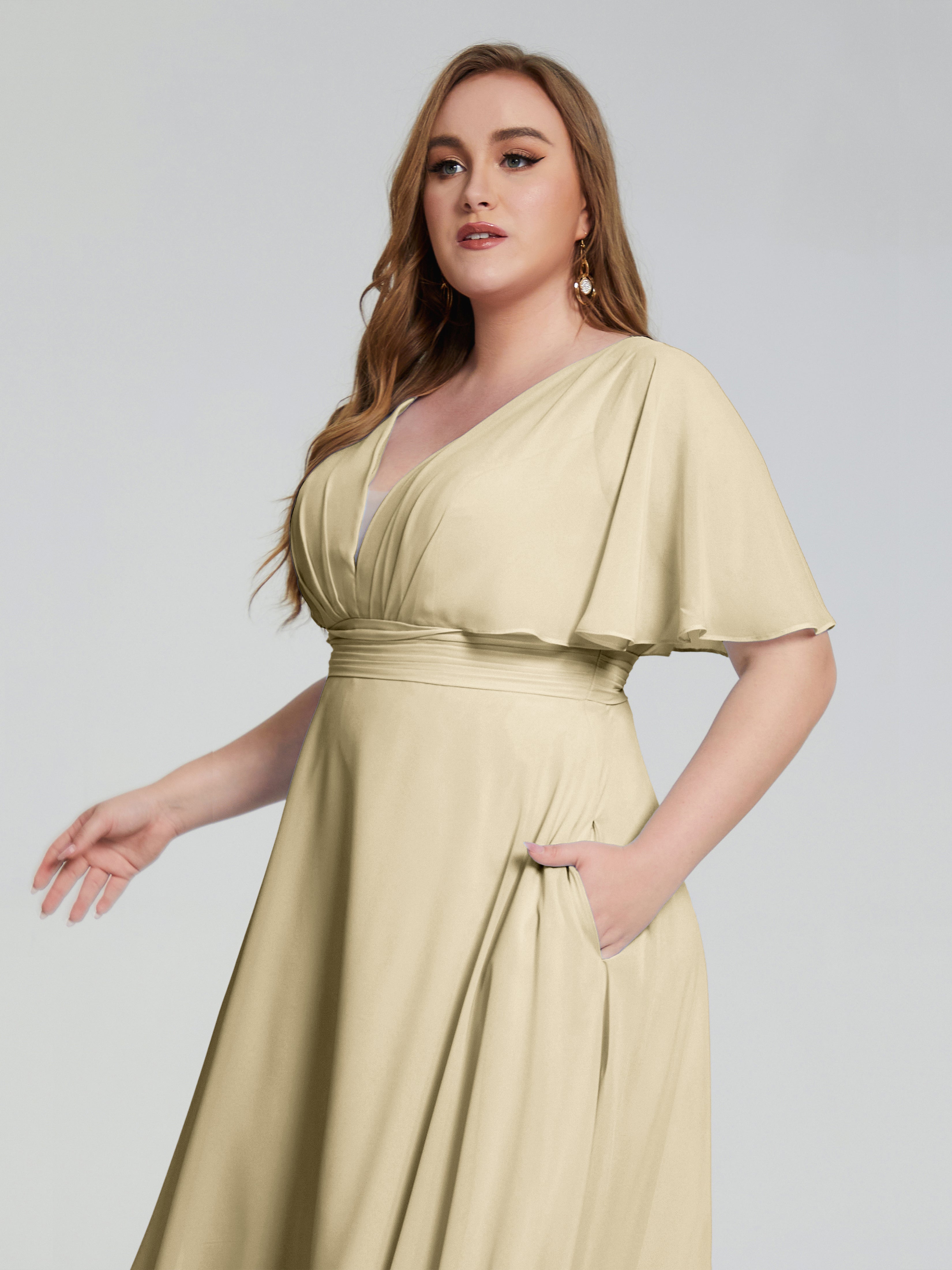 Lucia V-neck Plus Size Bridesmaid Dresses with Sleeves