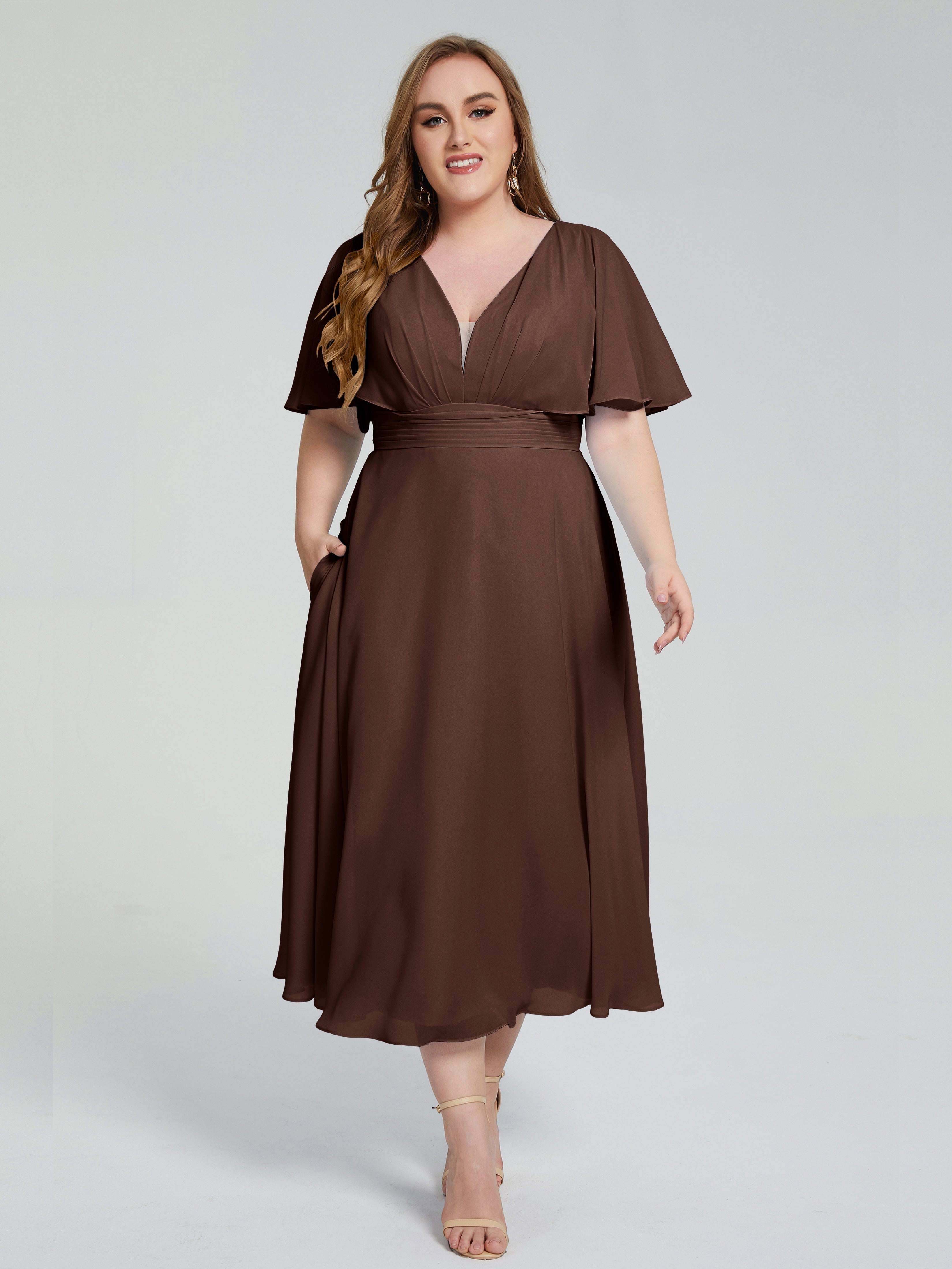 Lucia V-neck Plus Size Bridesmaid Dresses with Sleeves