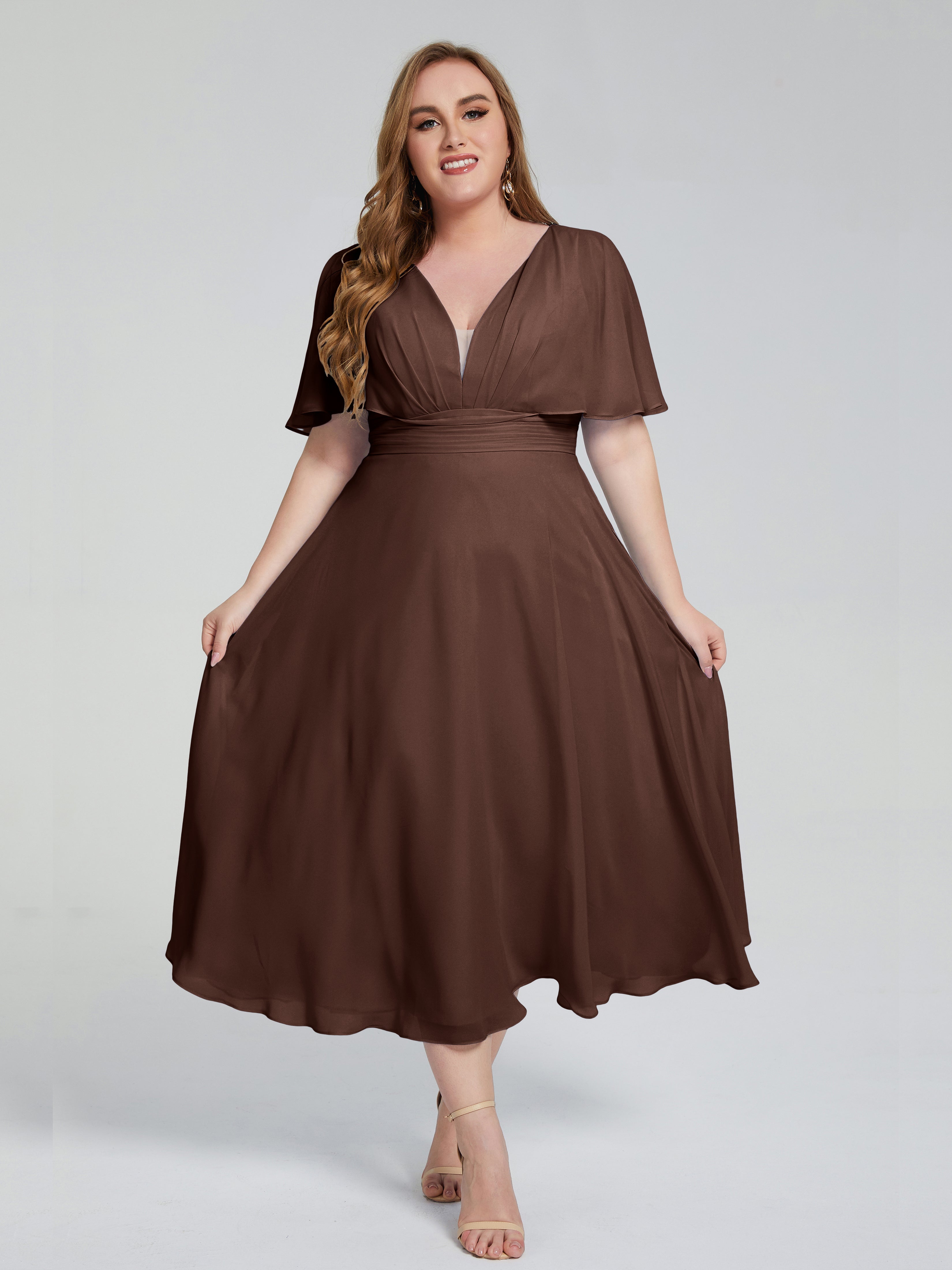 Lucia V-neck Plus Size Bridesmaid Dresses with Sleeves
