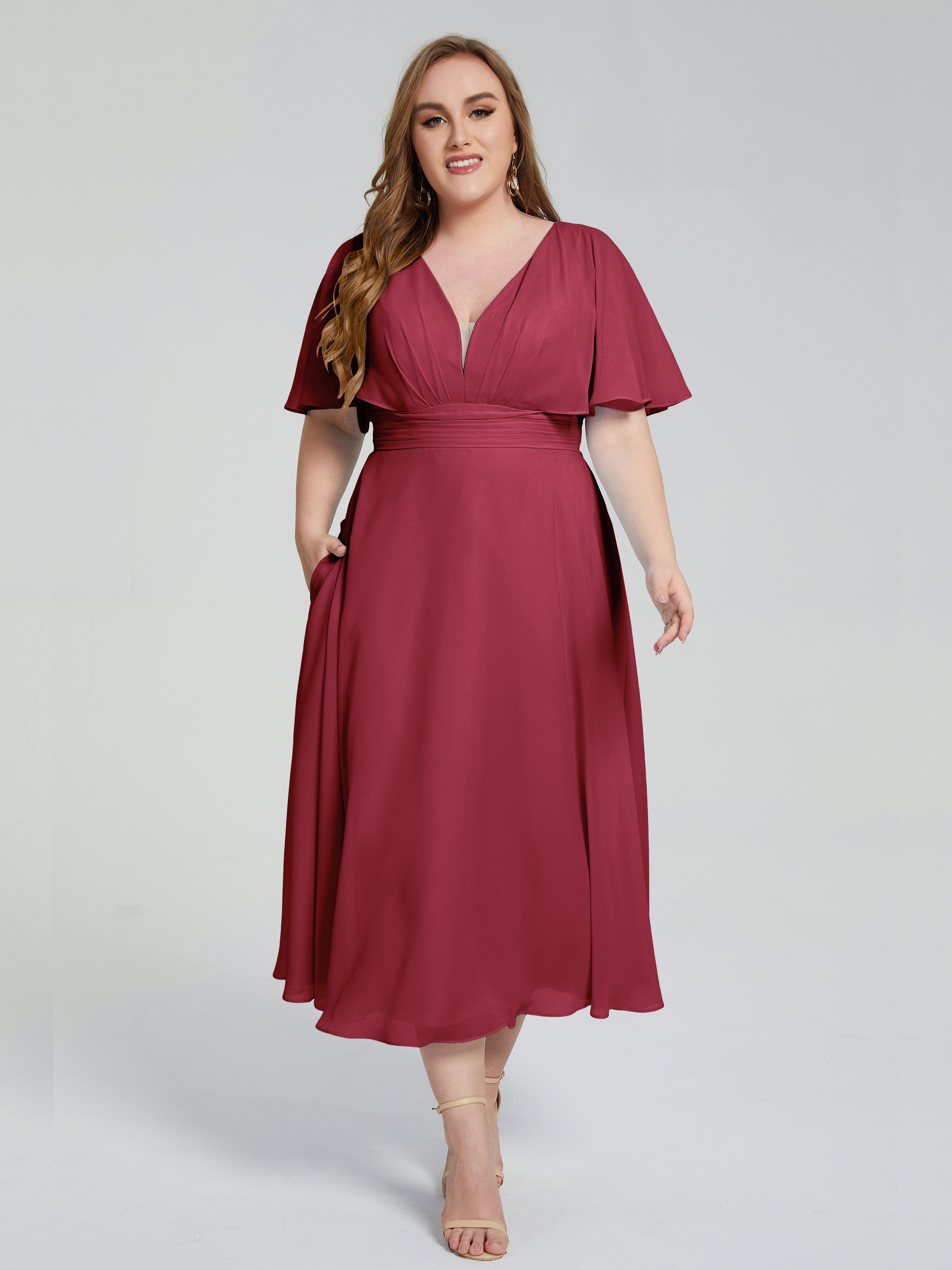 Lucia V-neck Plus Size Bridesmaid Dresses with Sleeves