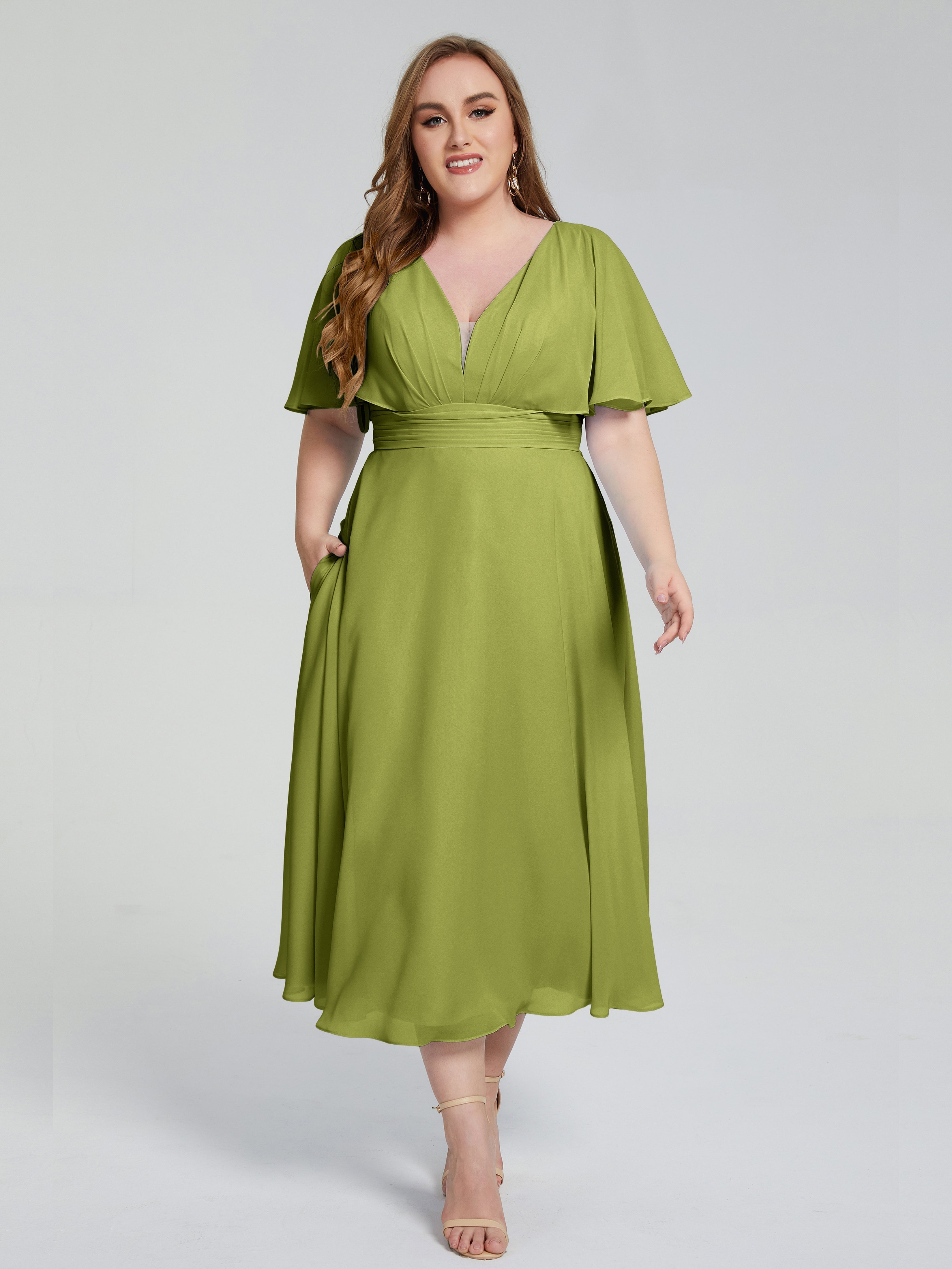 Lucia V-neck Plus Size Bridesmaid Dresses with Sleeves