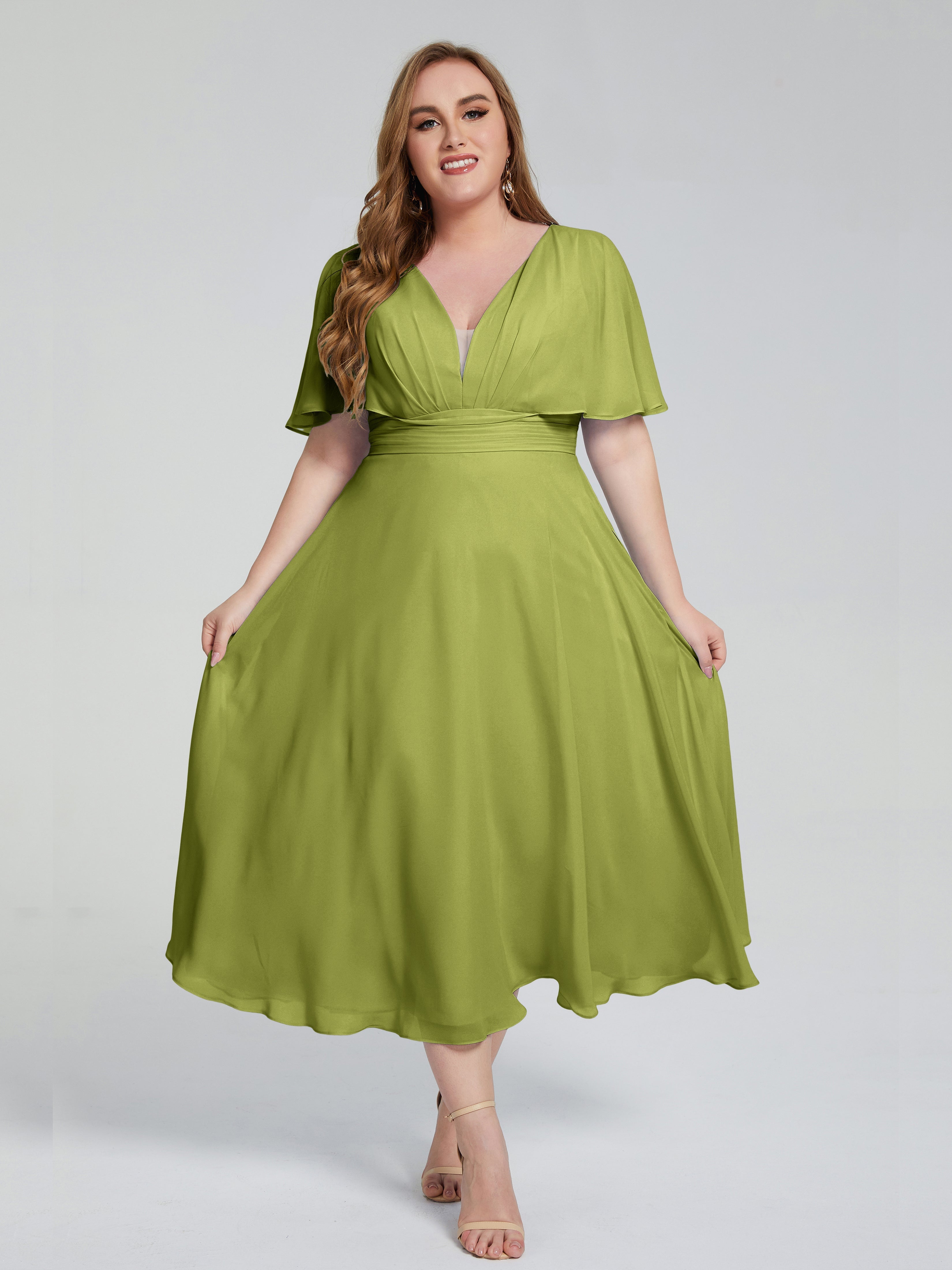 Lucia V-neck Plus Size Bridesmaid Dresses with Sleeves