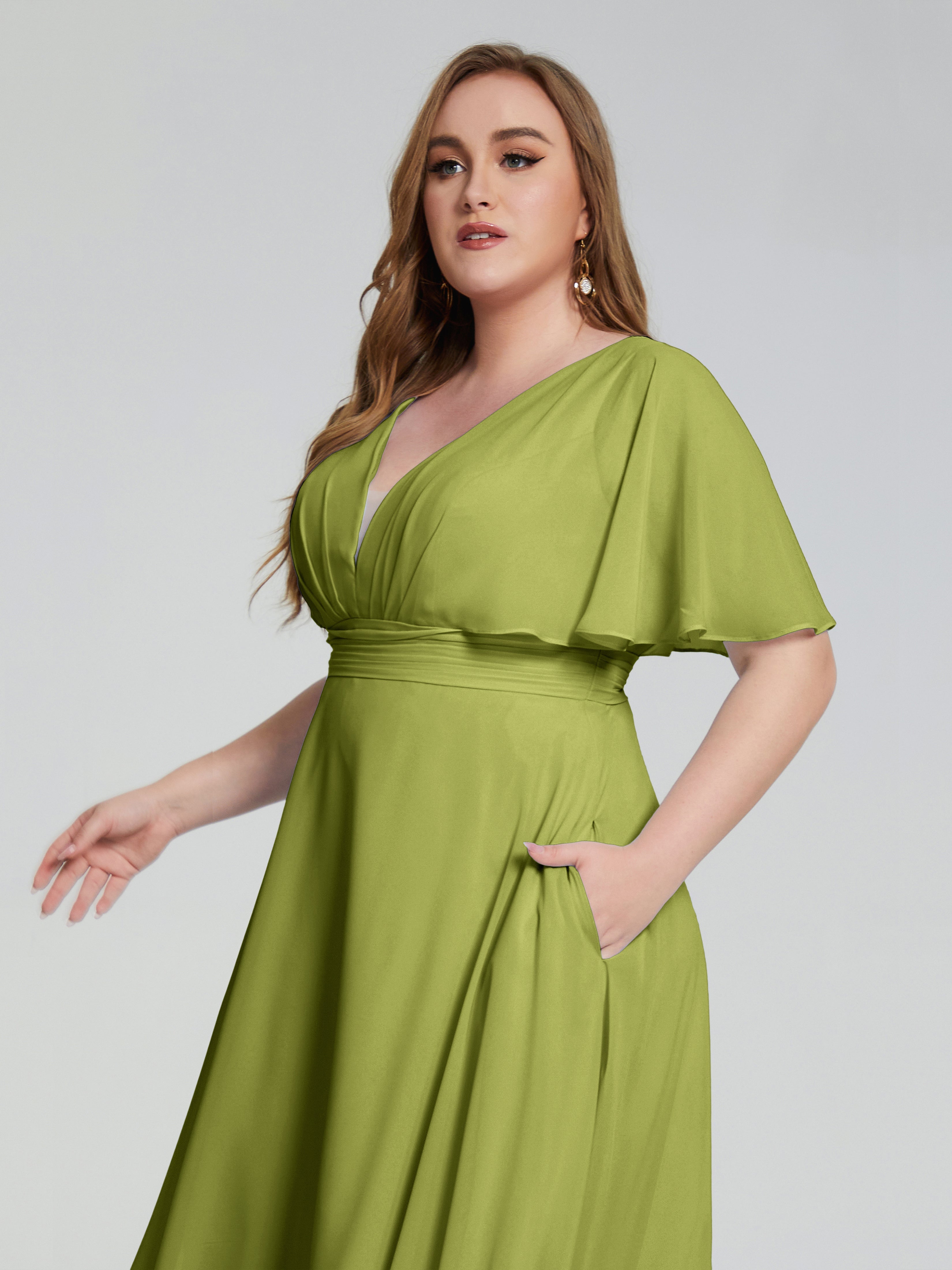 Lucia V-neck Plus Size Bridesmaid Dresses with Sleeves