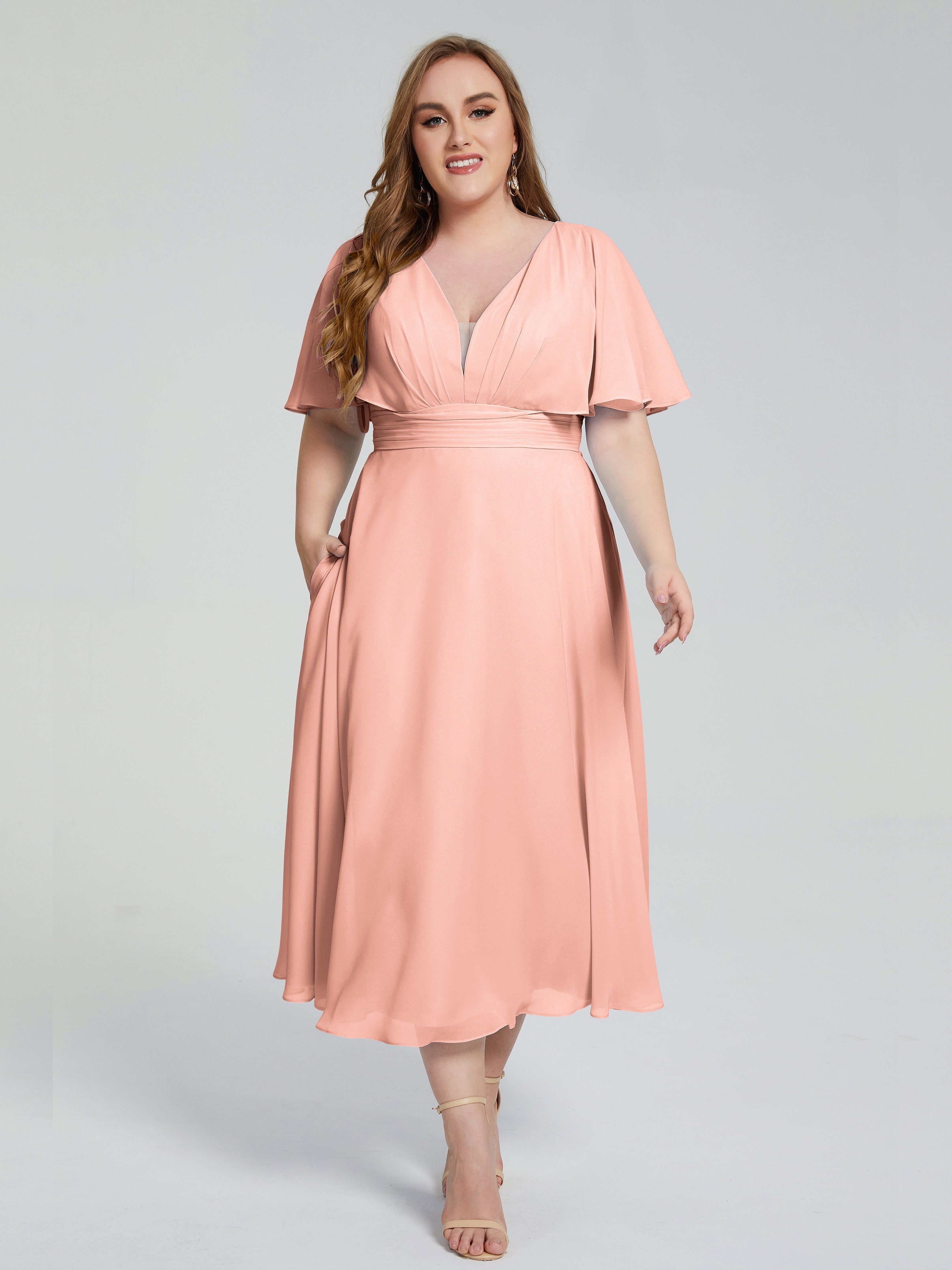 Lucia V-neck Plus Size Bridesmaid Dresses with Sleeves