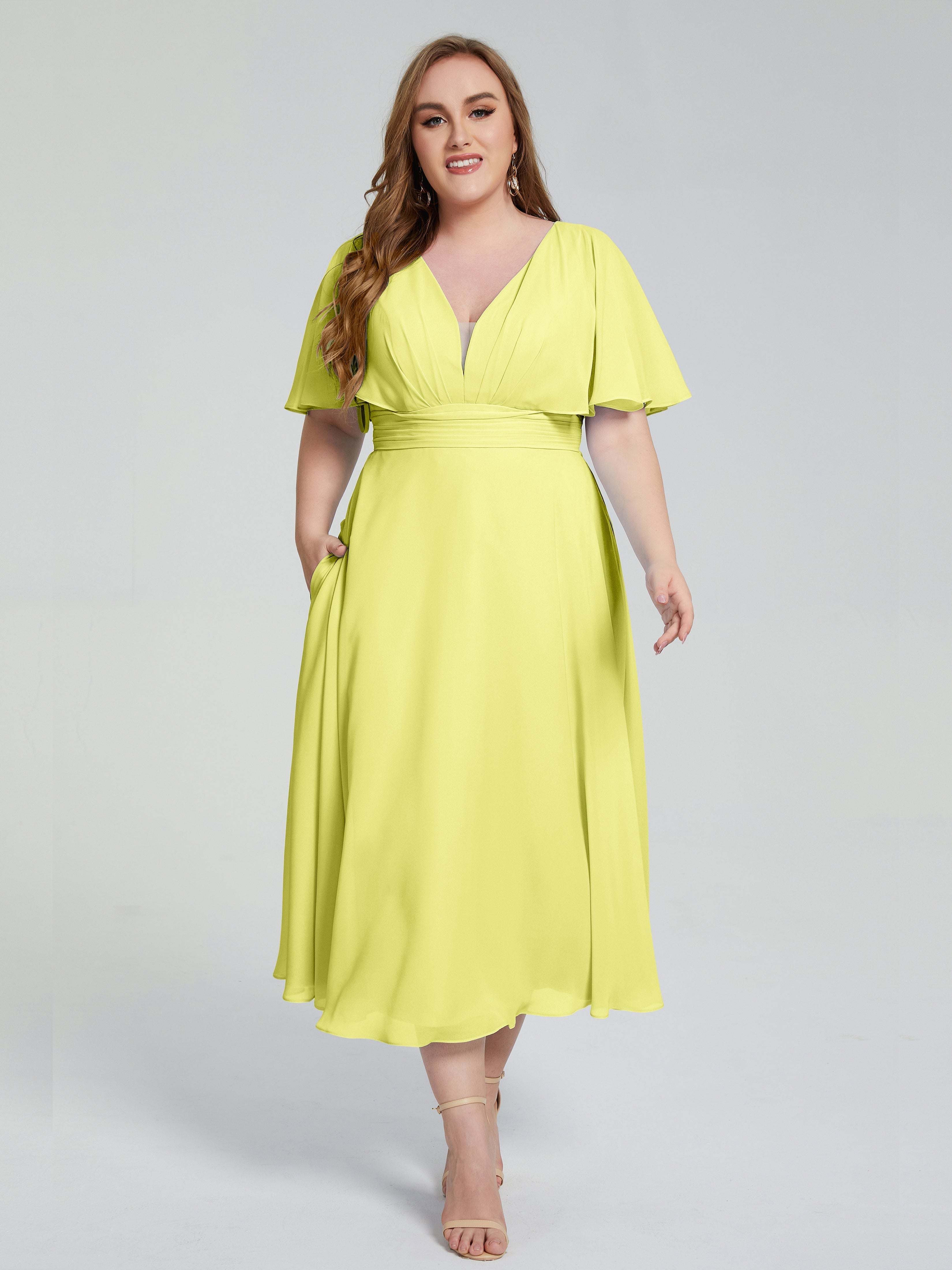 Lucia V-neck Plus Size Bridesmaid Dresses with Sleeves