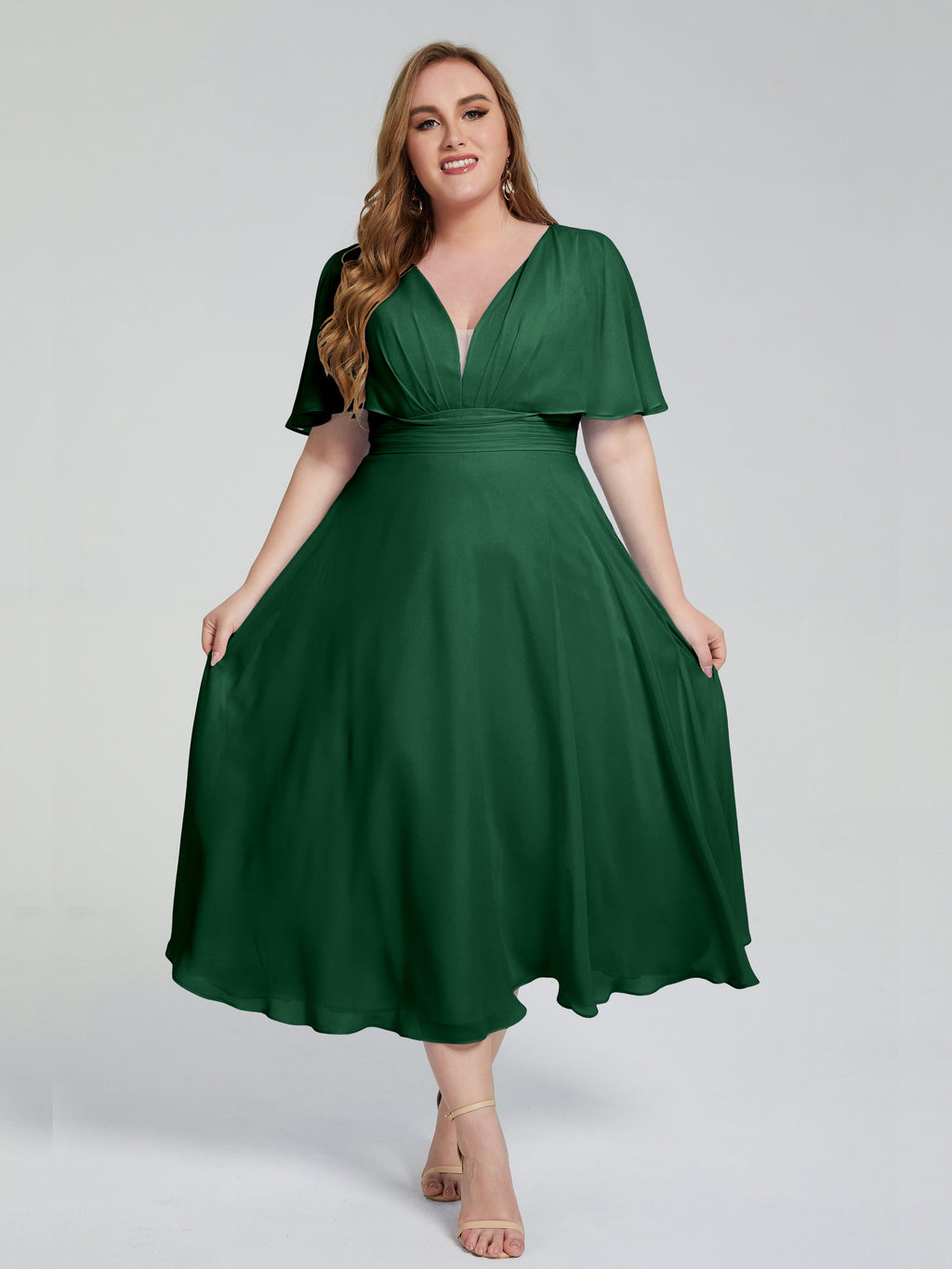 Lucia V-neck Plus Size Bridesmaid Dresses with Sleeves