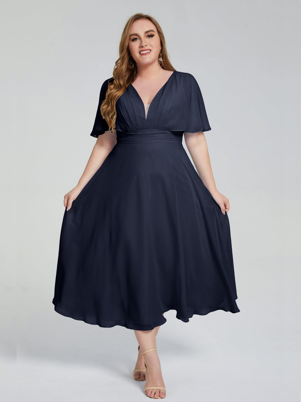 Lucia V-neck Plus Size Bridesmaid Dresses with Sleeves