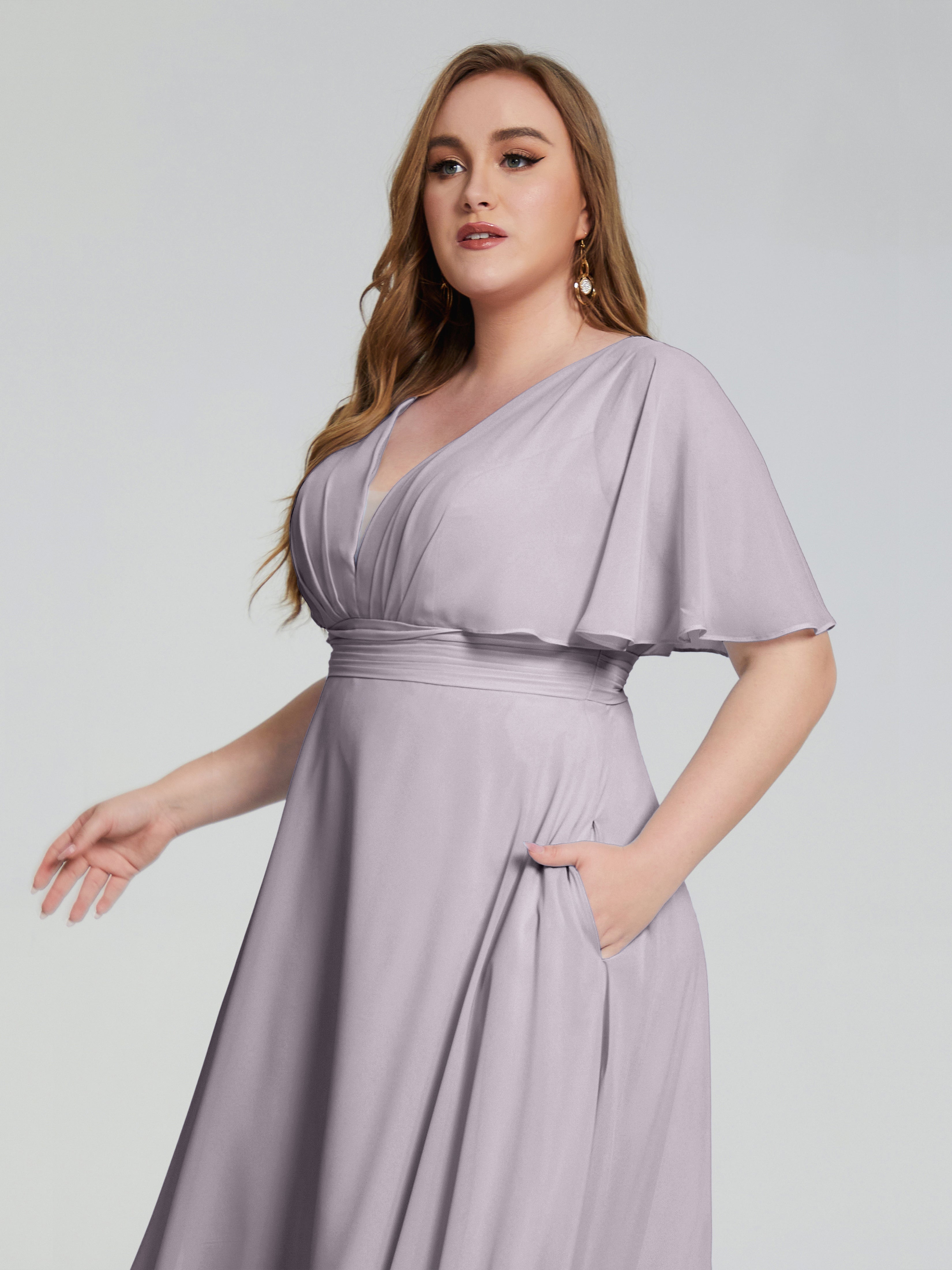 Lucia V-neck Plus Size Bridesmaid Dresses with Sleeves
