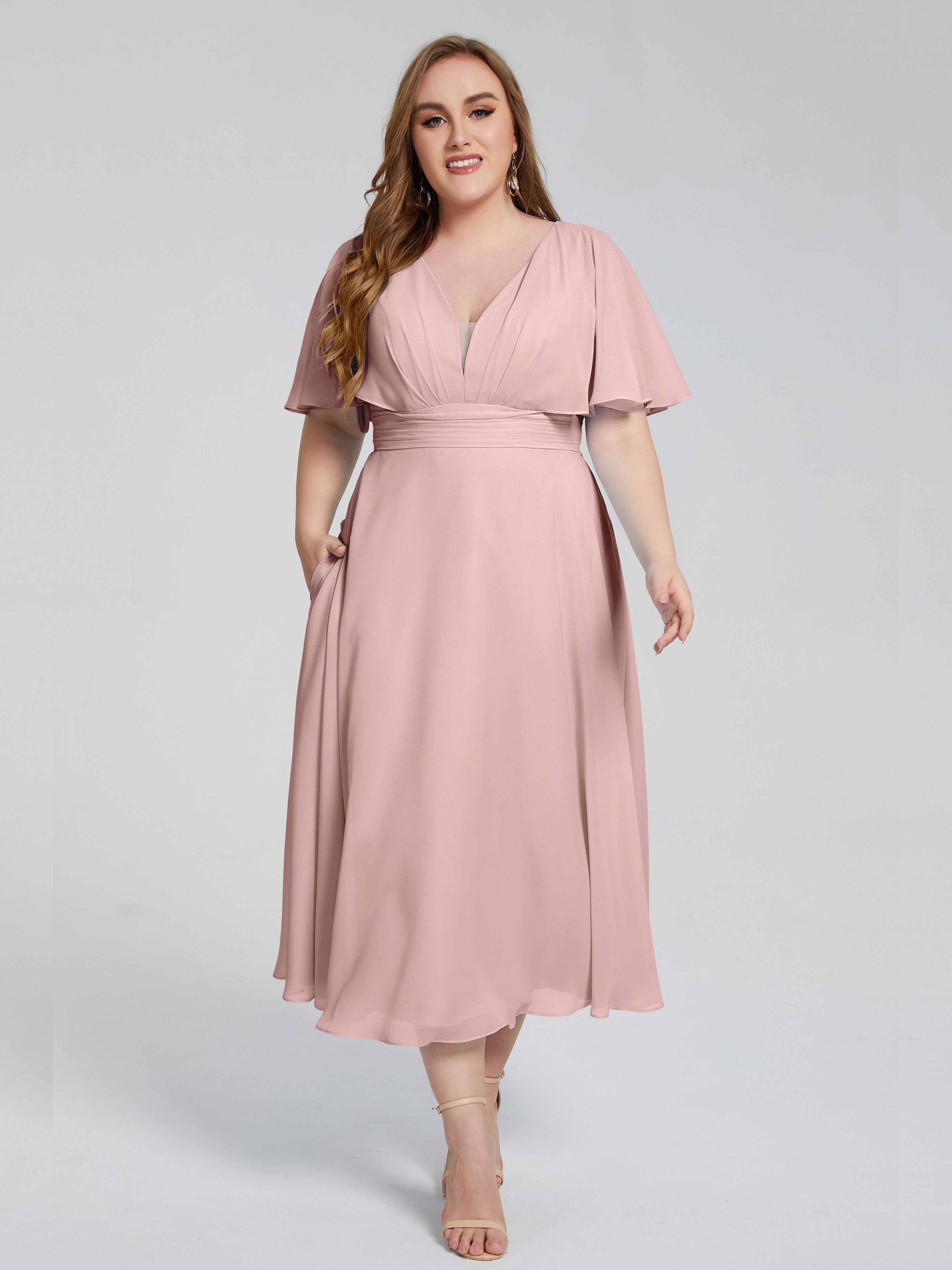 Lucia V-neck Plus Size Bridesmaid Dresses with Sleeves