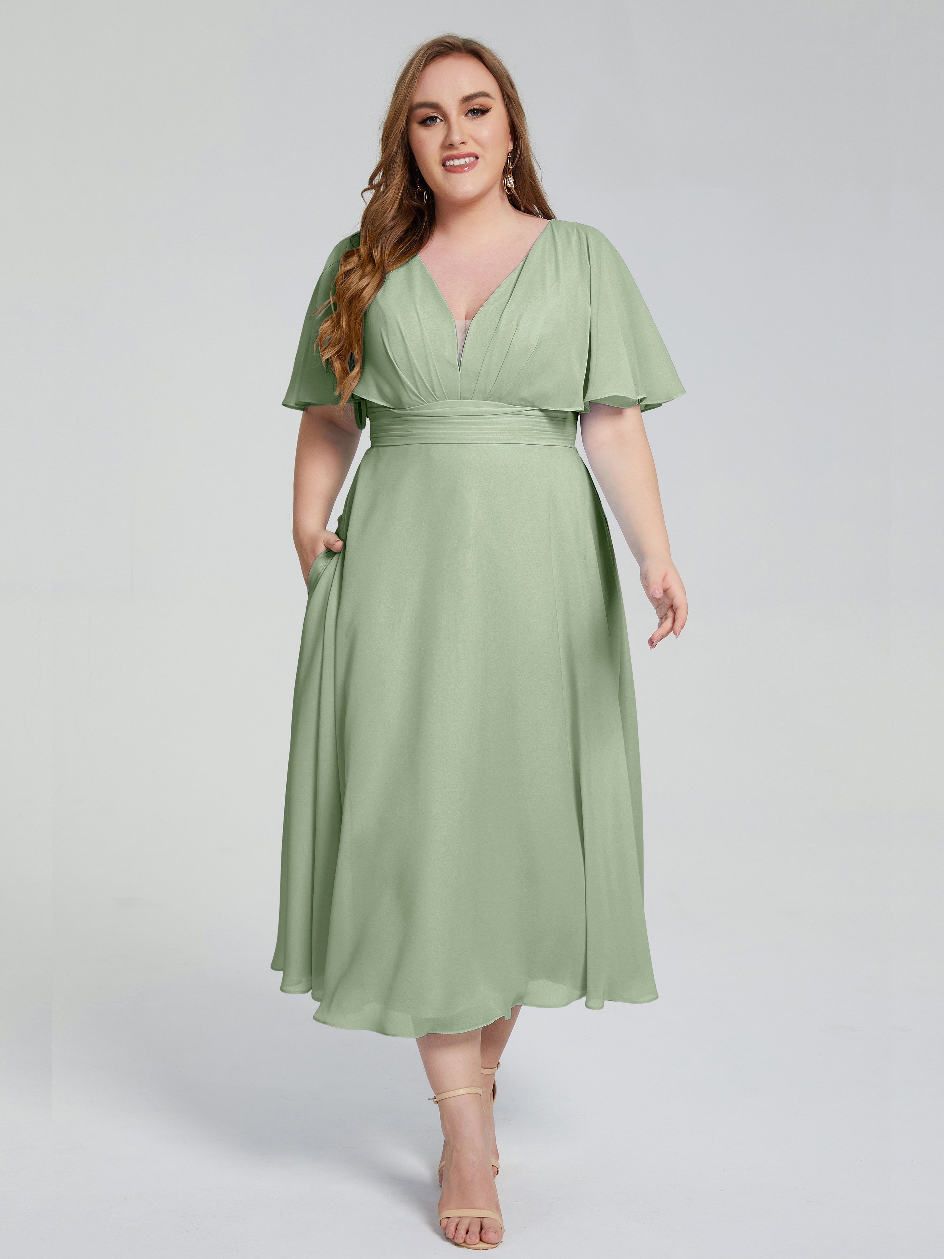 Lucia V-neck Plus Size Bridesmaid Dresses with Sleeves