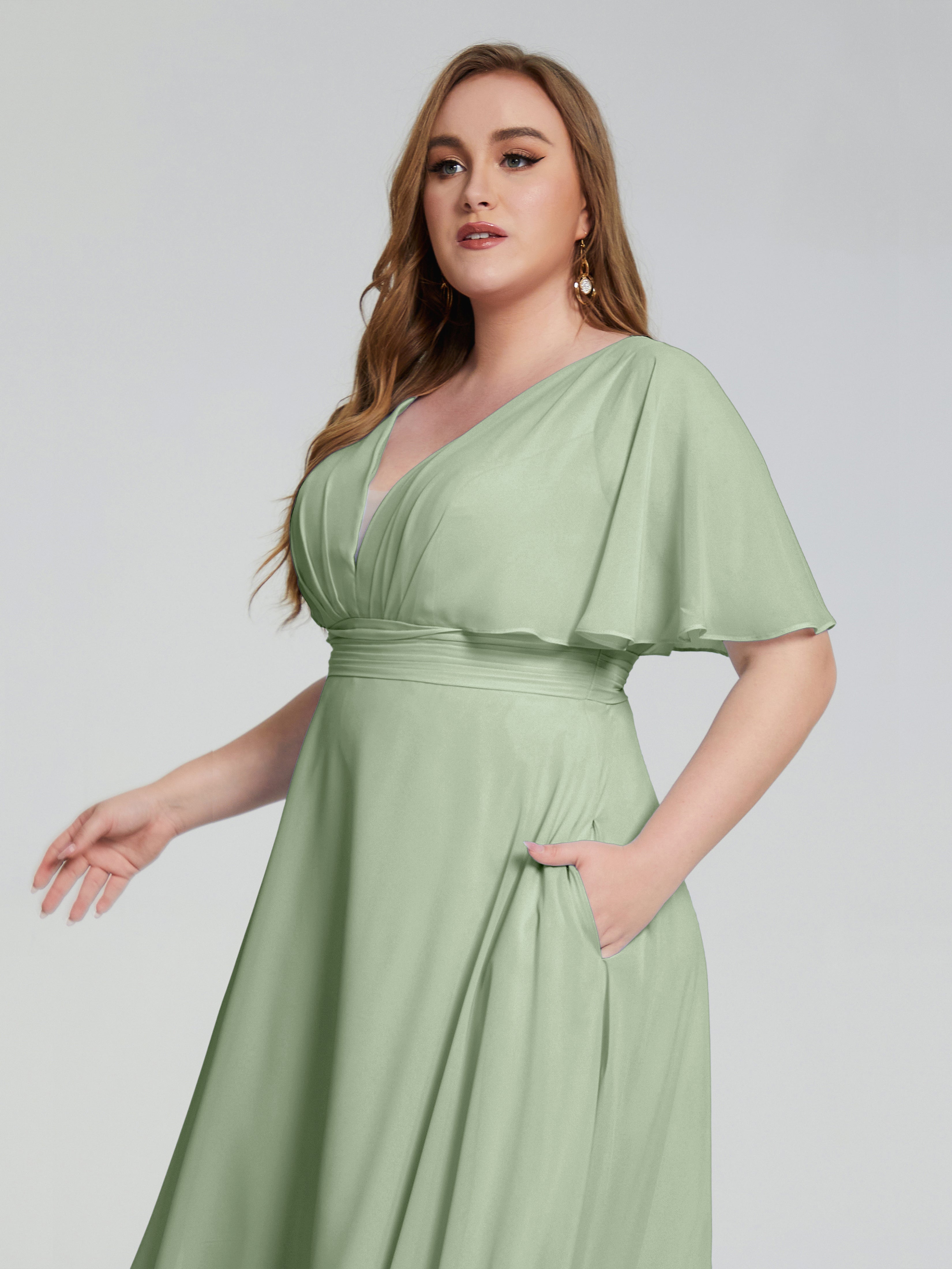 Lucia V-neck Plus Size Bridesmaid Dresses with Sleeves
