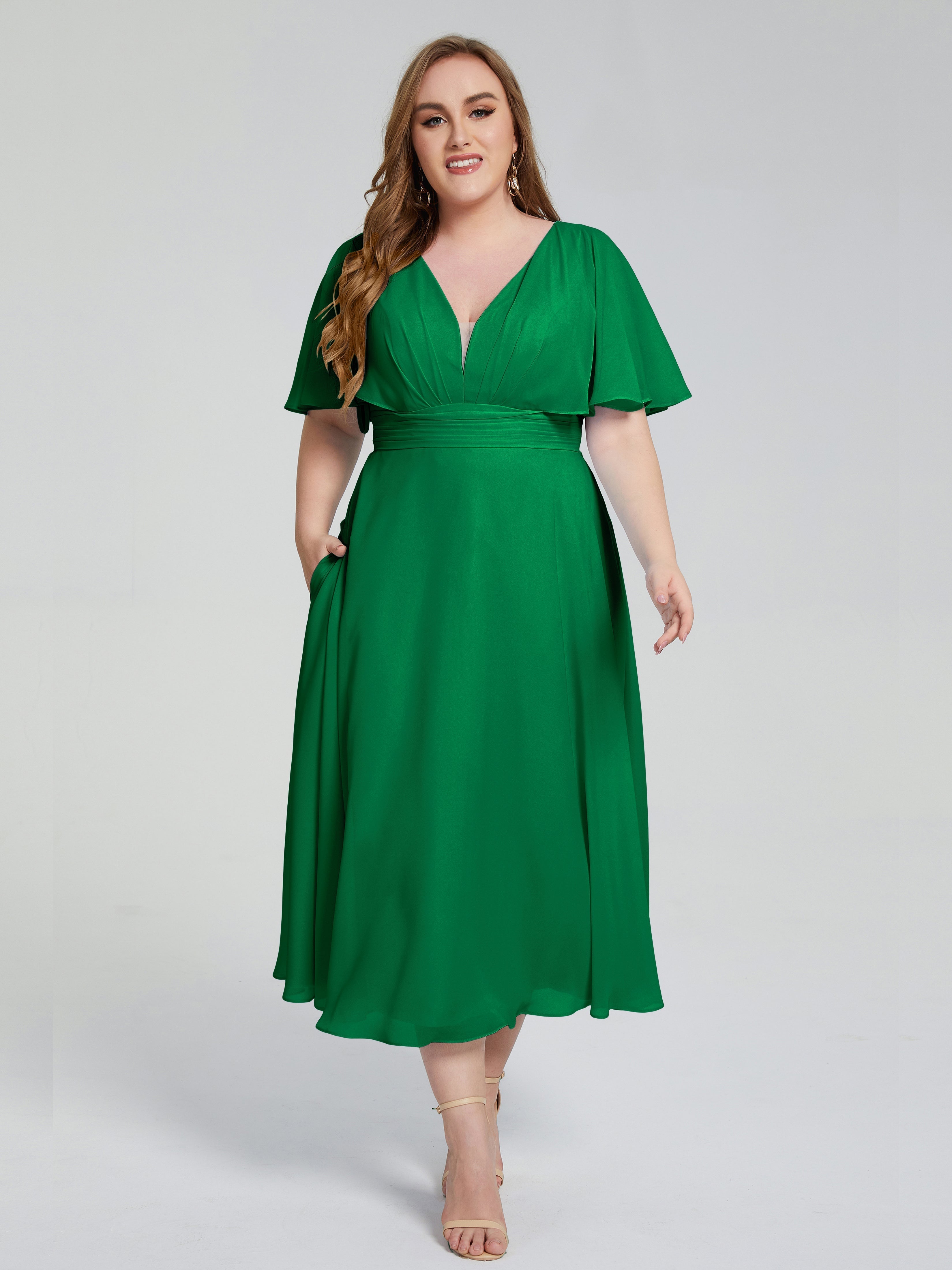 Lucia V-neck Plus Size Bridesmaid Dresses with Sleeves