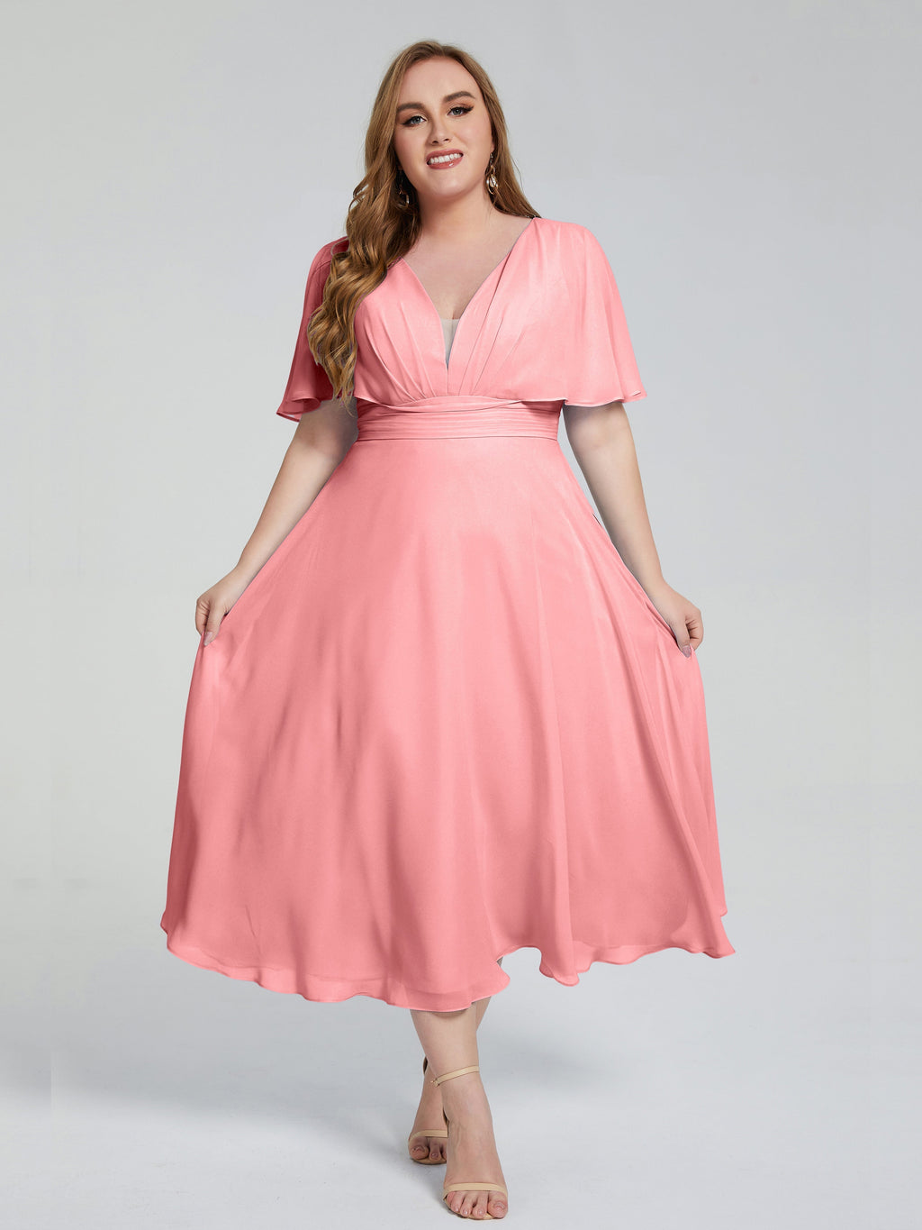 Lucia V-neck Plus Size Bridesmaid Dresses with Sleeves