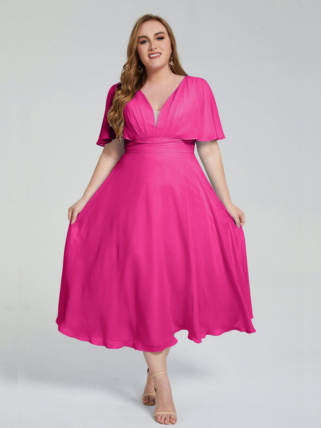 Lucia V-neck Plus Size Bridesmaid Dresses with Sleeves