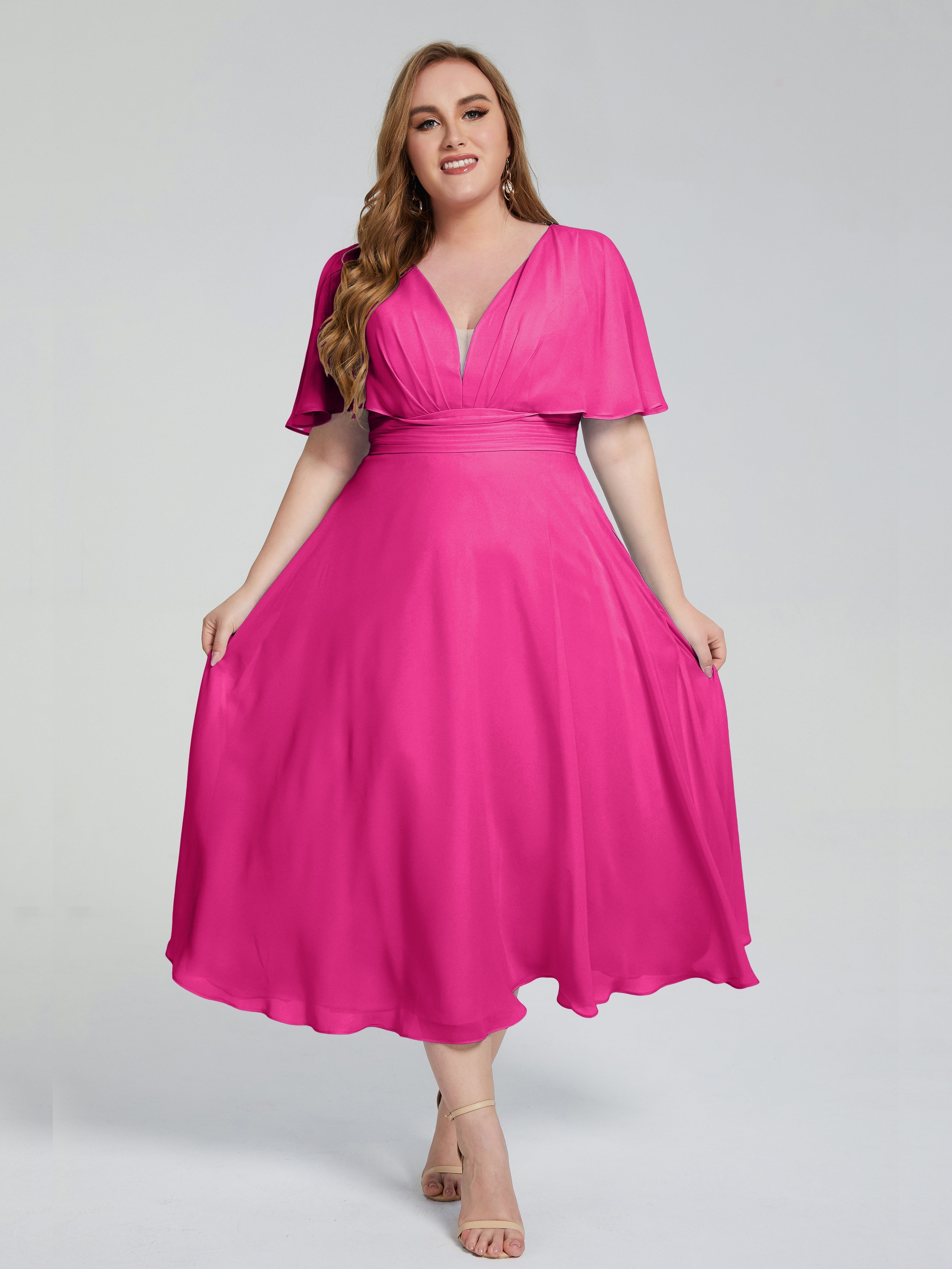 Lucia V-neck Plus Size Bridesmaid Dresses with Sleeves