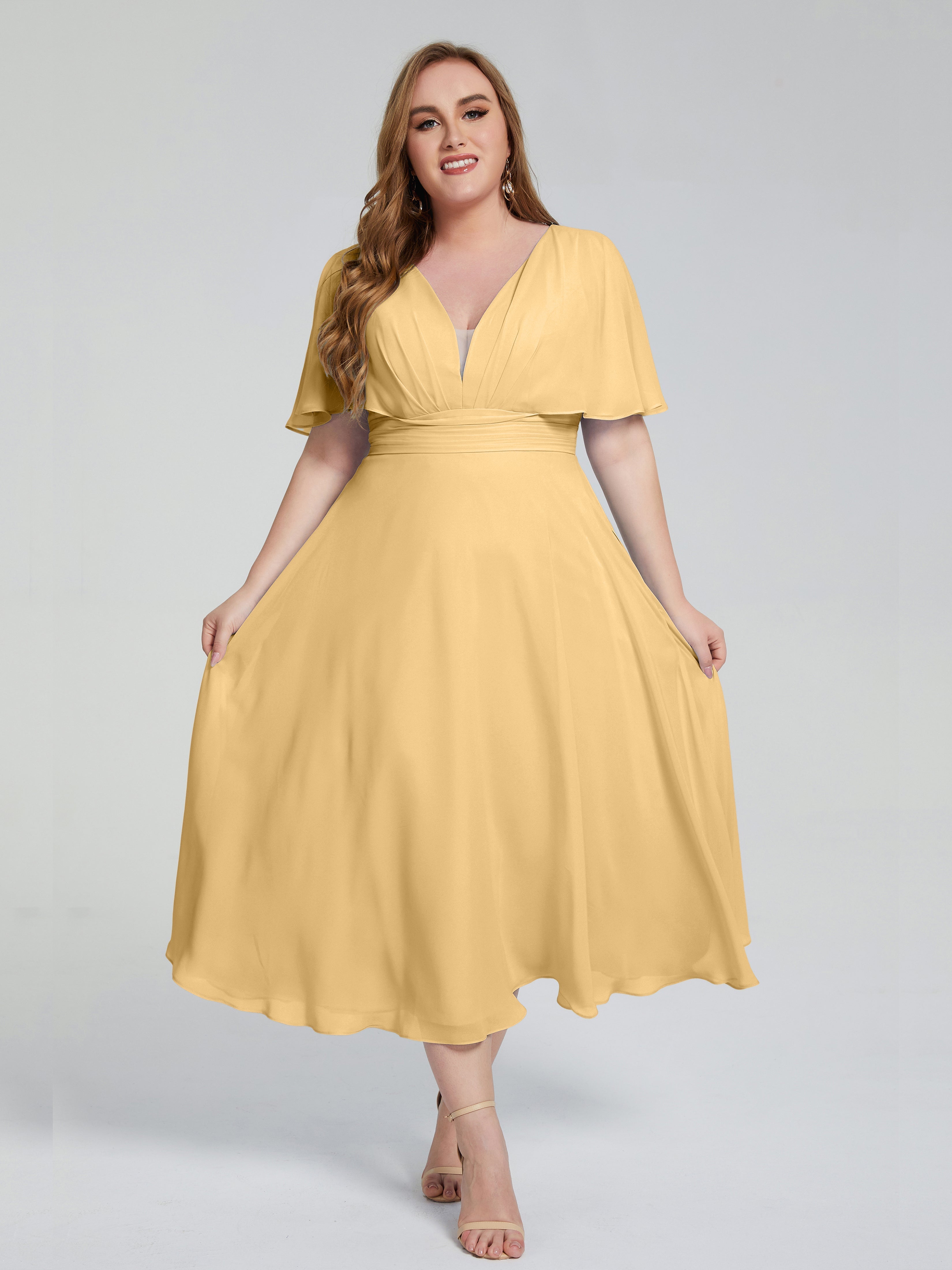 Lucia V-neck Plus Size Bridesmaid Dresses with Sleeves