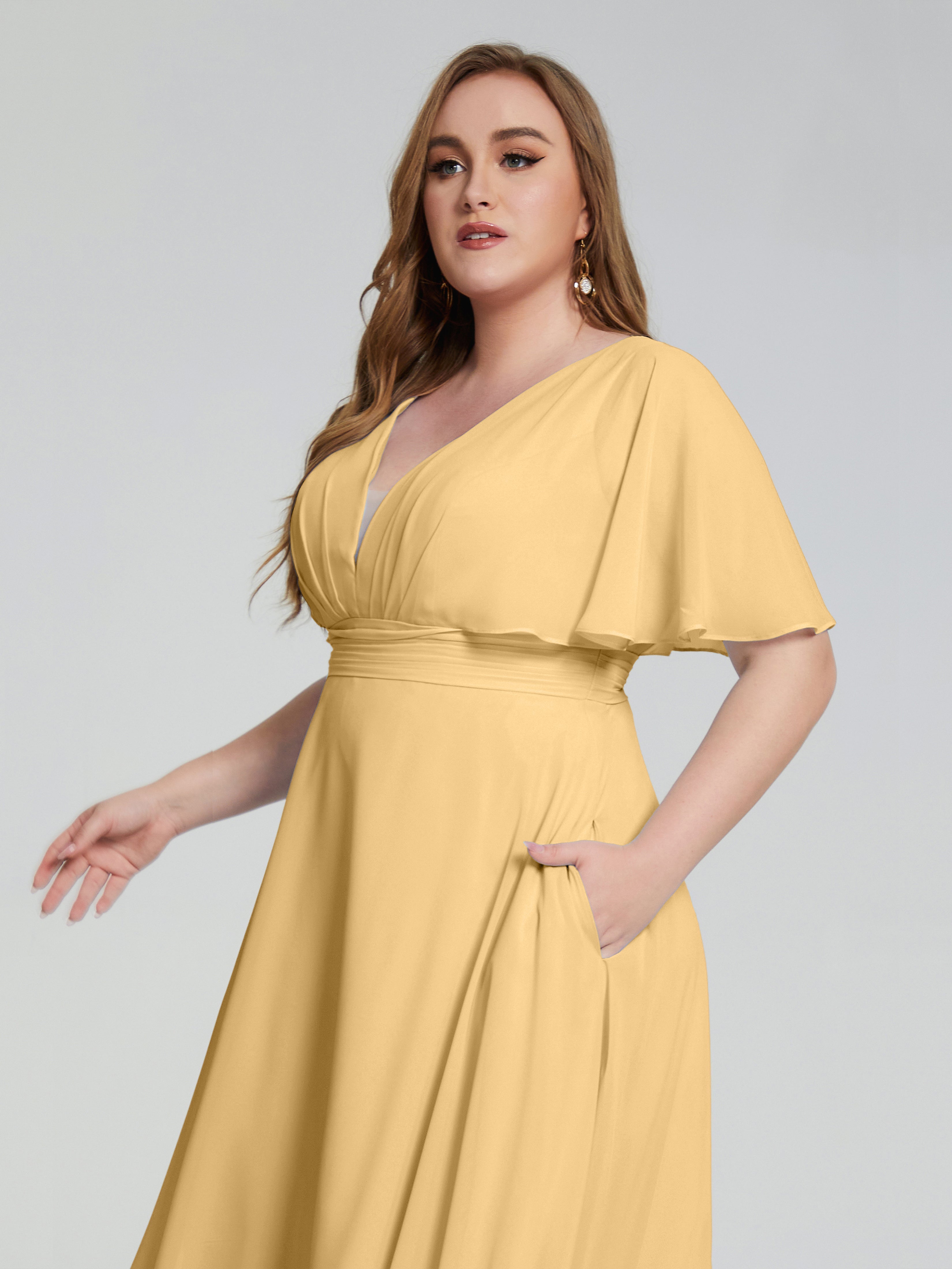 Lucia V-neck Plus Size Bridesmaid Dresses with Sleeves