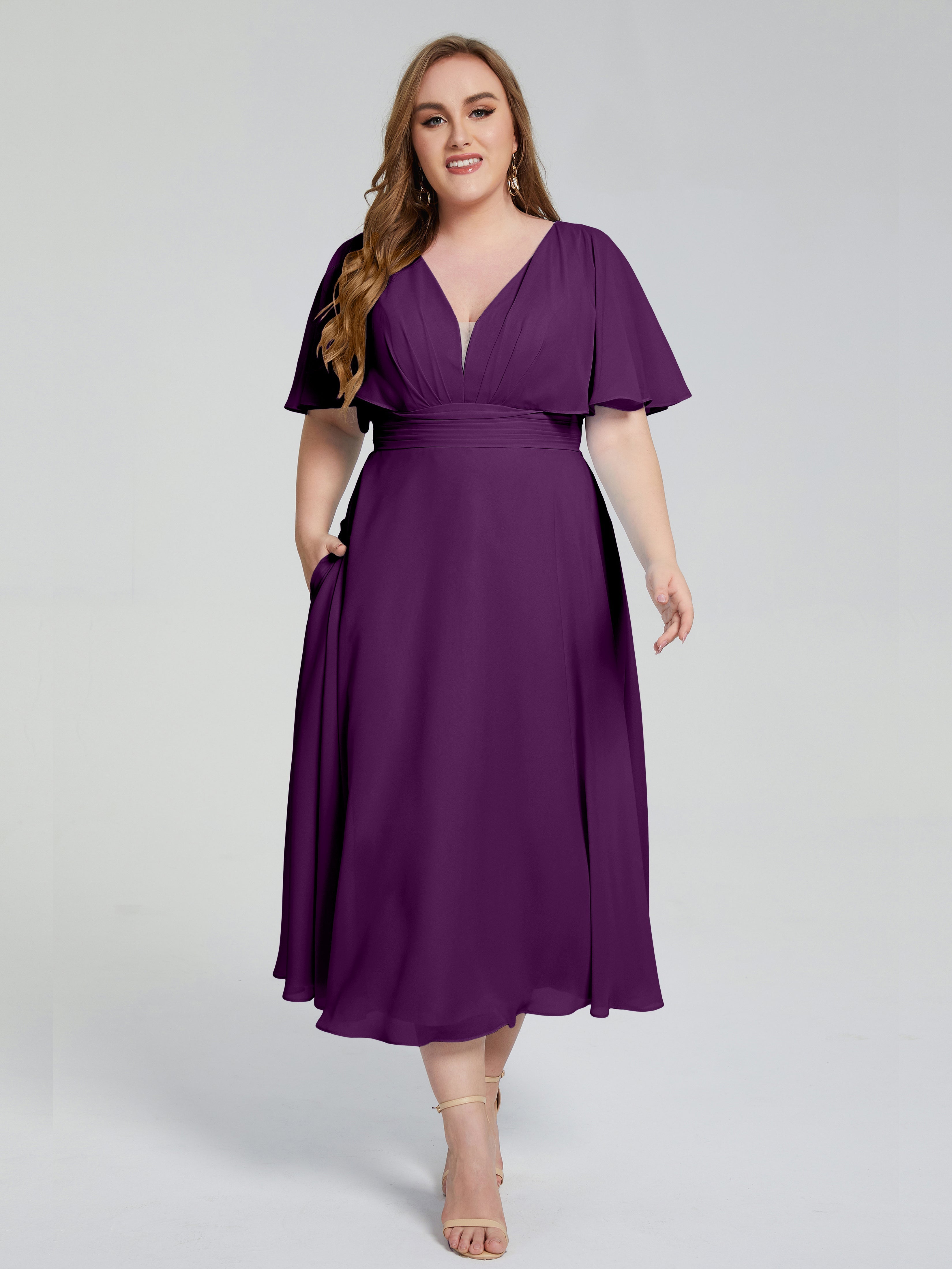 Lucia V-neck Plus Size Bridesmaid Dresses with Sleeves