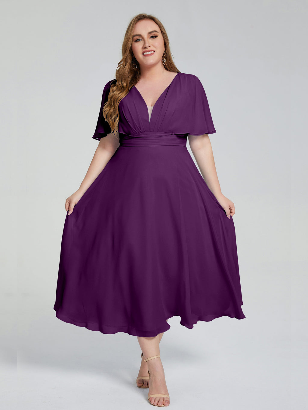 Lucia V-neck Plus Size Bridesmaid Dresses with Sleeves