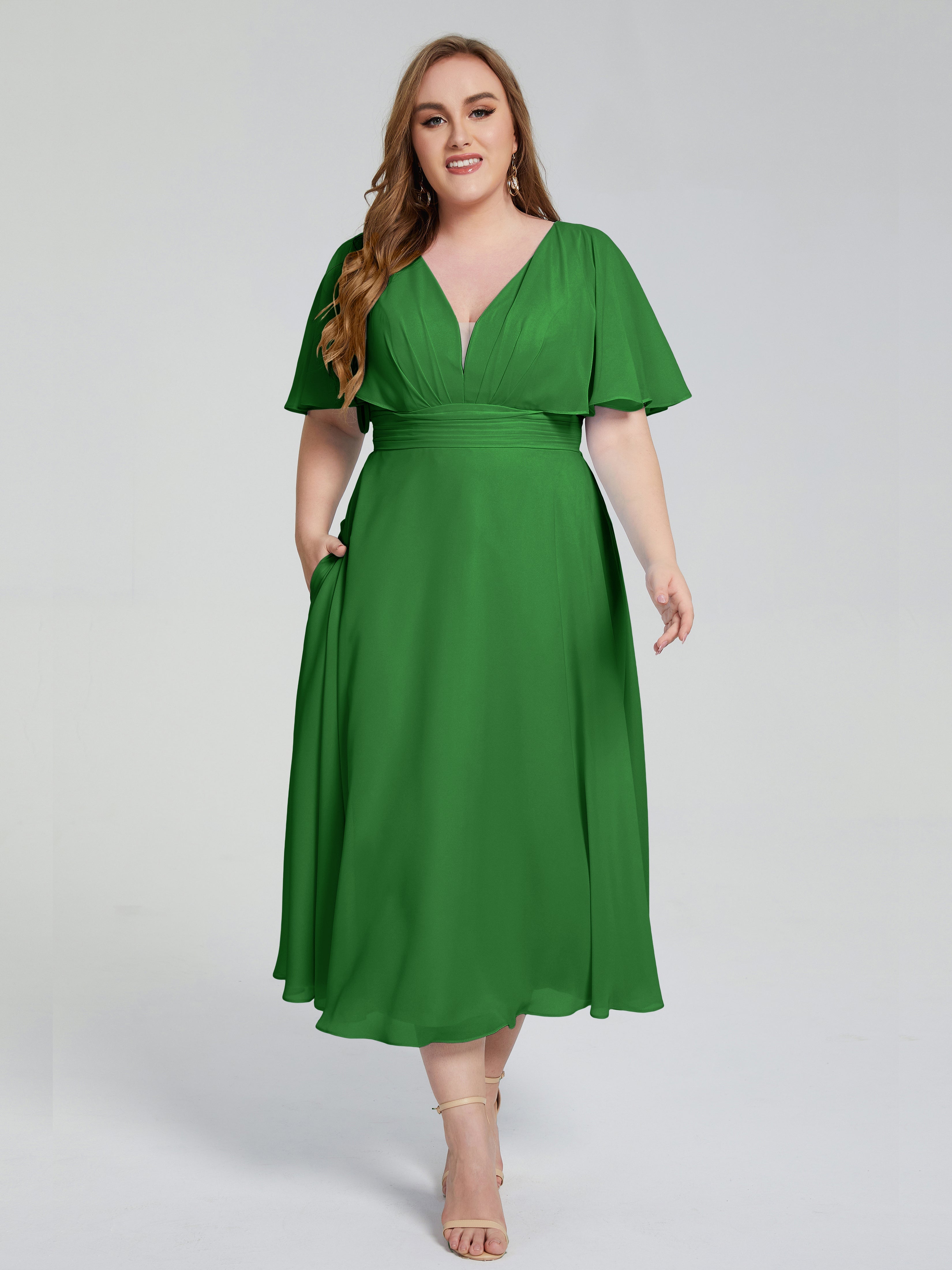 Lucia V-neck Plus Size Bridesmaid Dresses with Sleeves