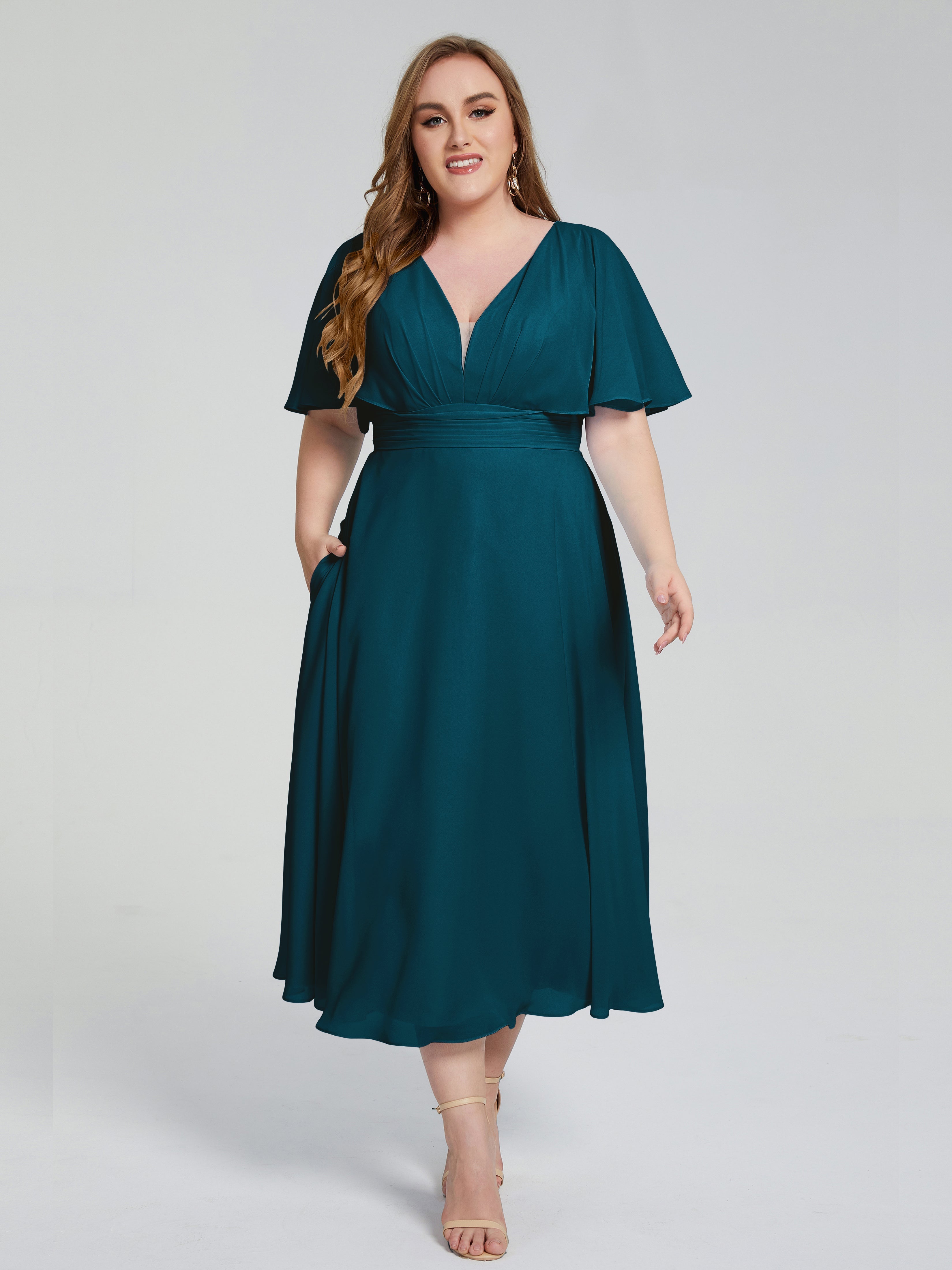 Lucia V-neck Plus Size Bridesmaid Dresses with Sleeves