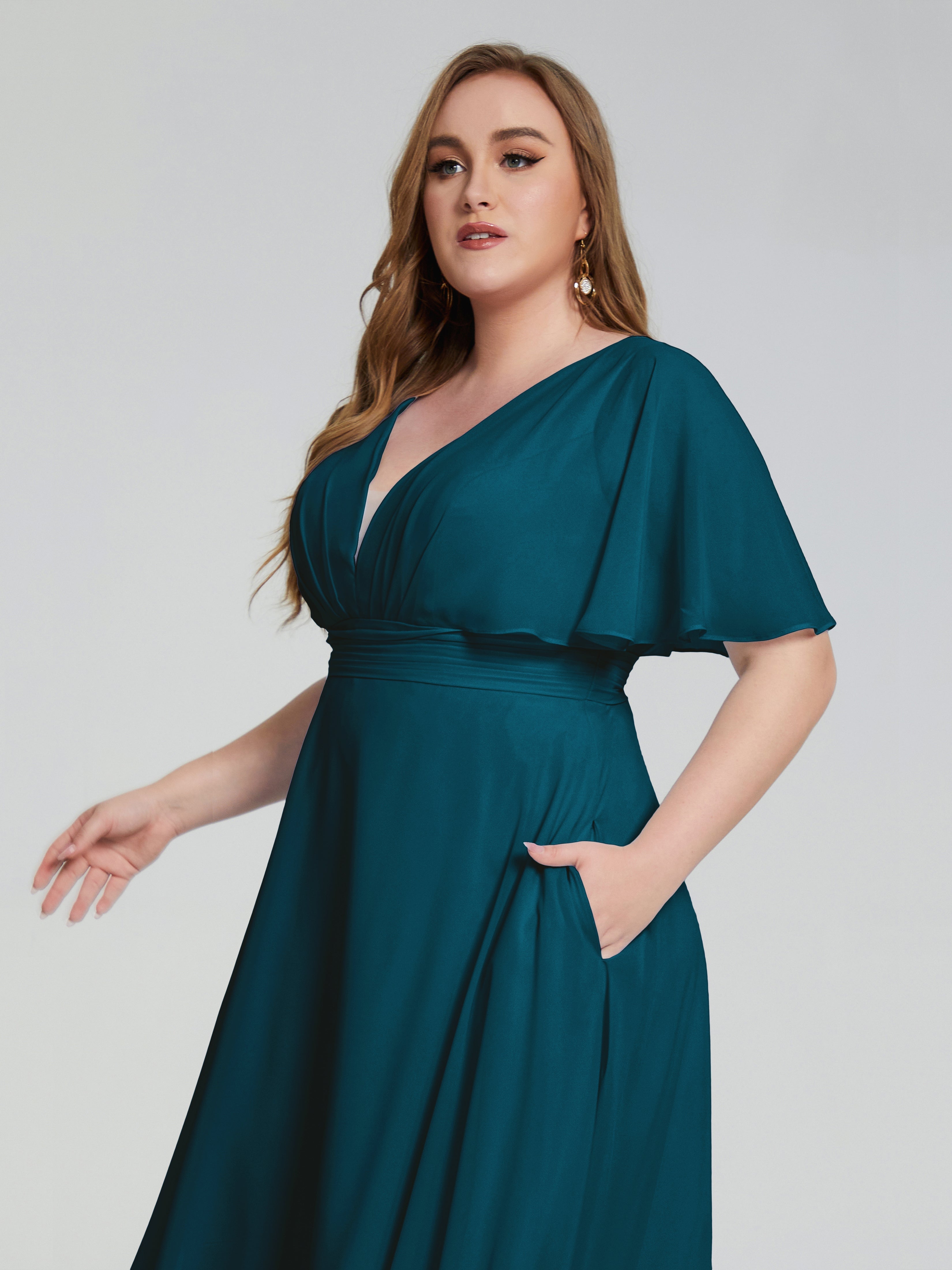 Lucia V-neck Plus Size Bridesmaid Dresses with Sleeves