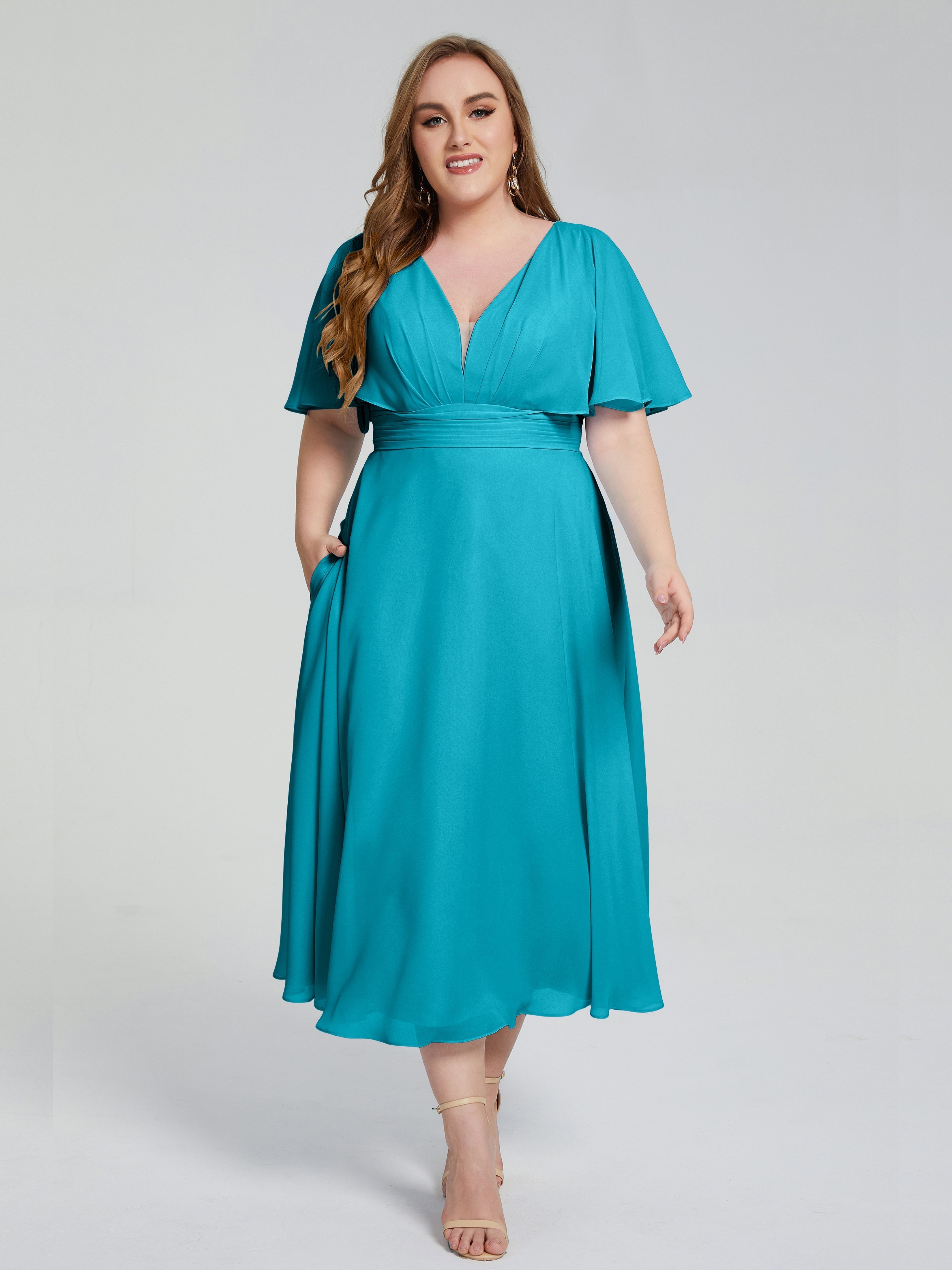 Lucia V-neck Plus Size Bridesmaid Dresses with Sleeves