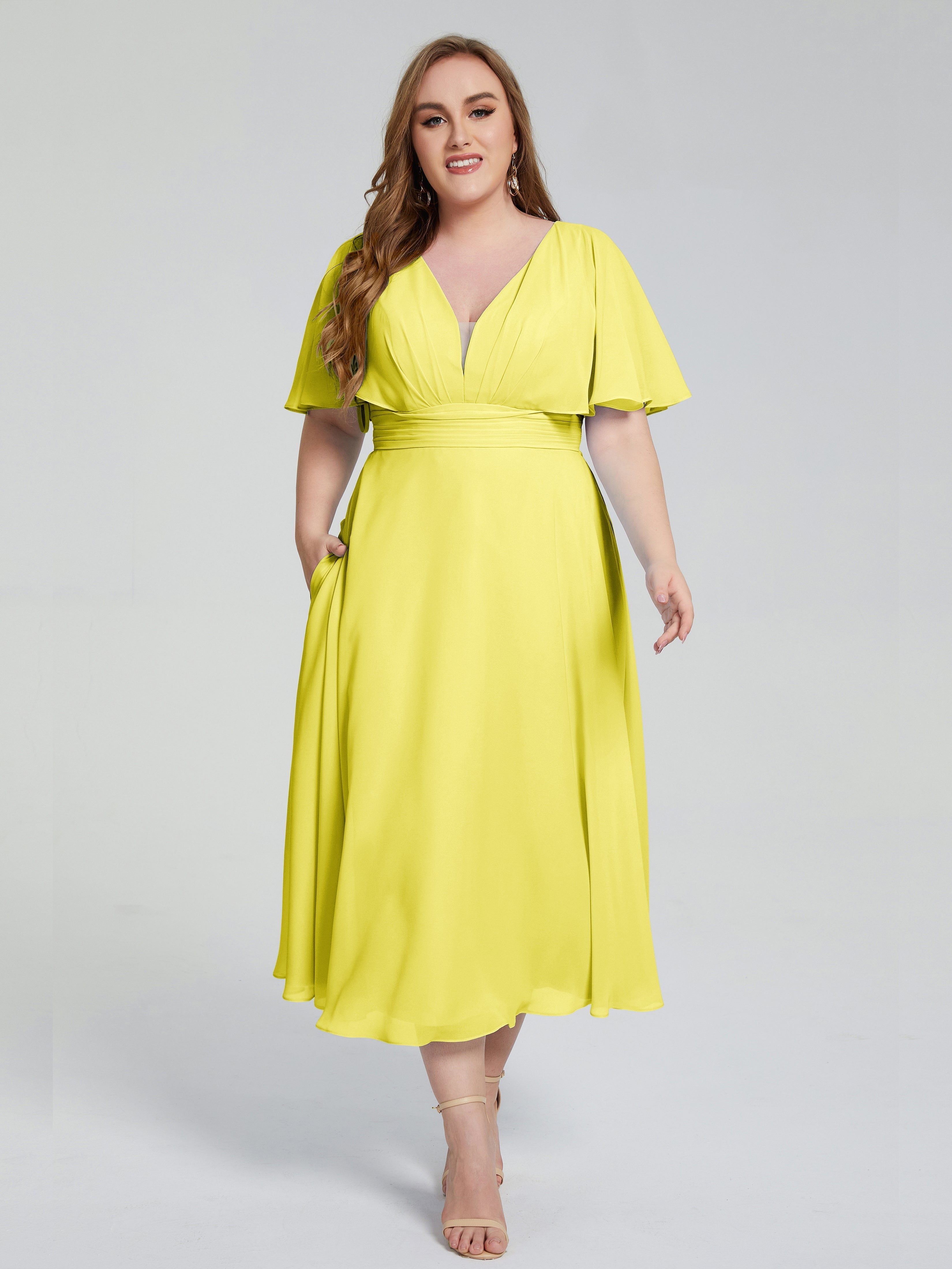 Lucia V-neck Plus Size Bridesmaid Dresses with Sleeves