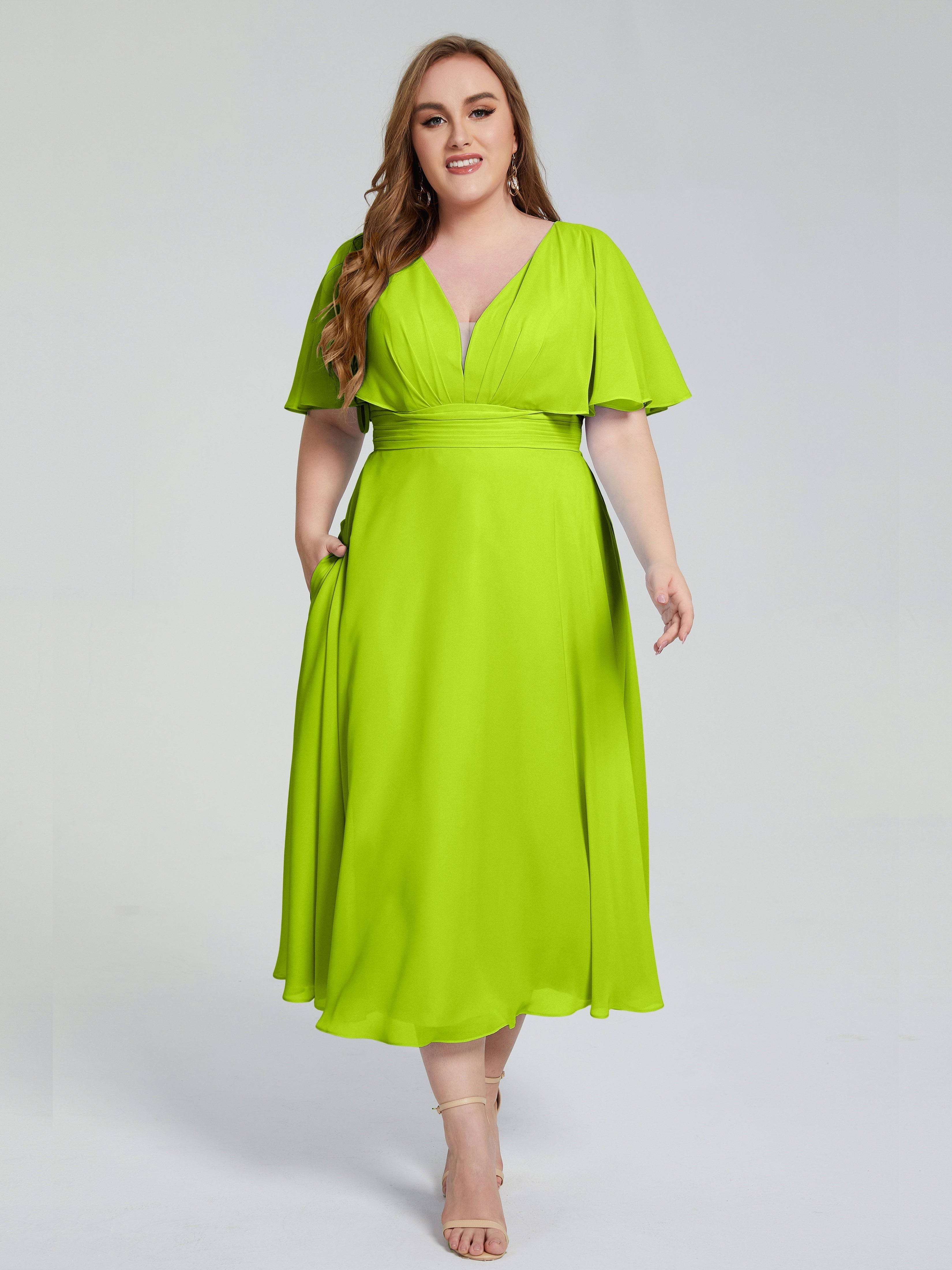 Lucia V-neck Plus Size Bridesmaid Dresses with Sleeves