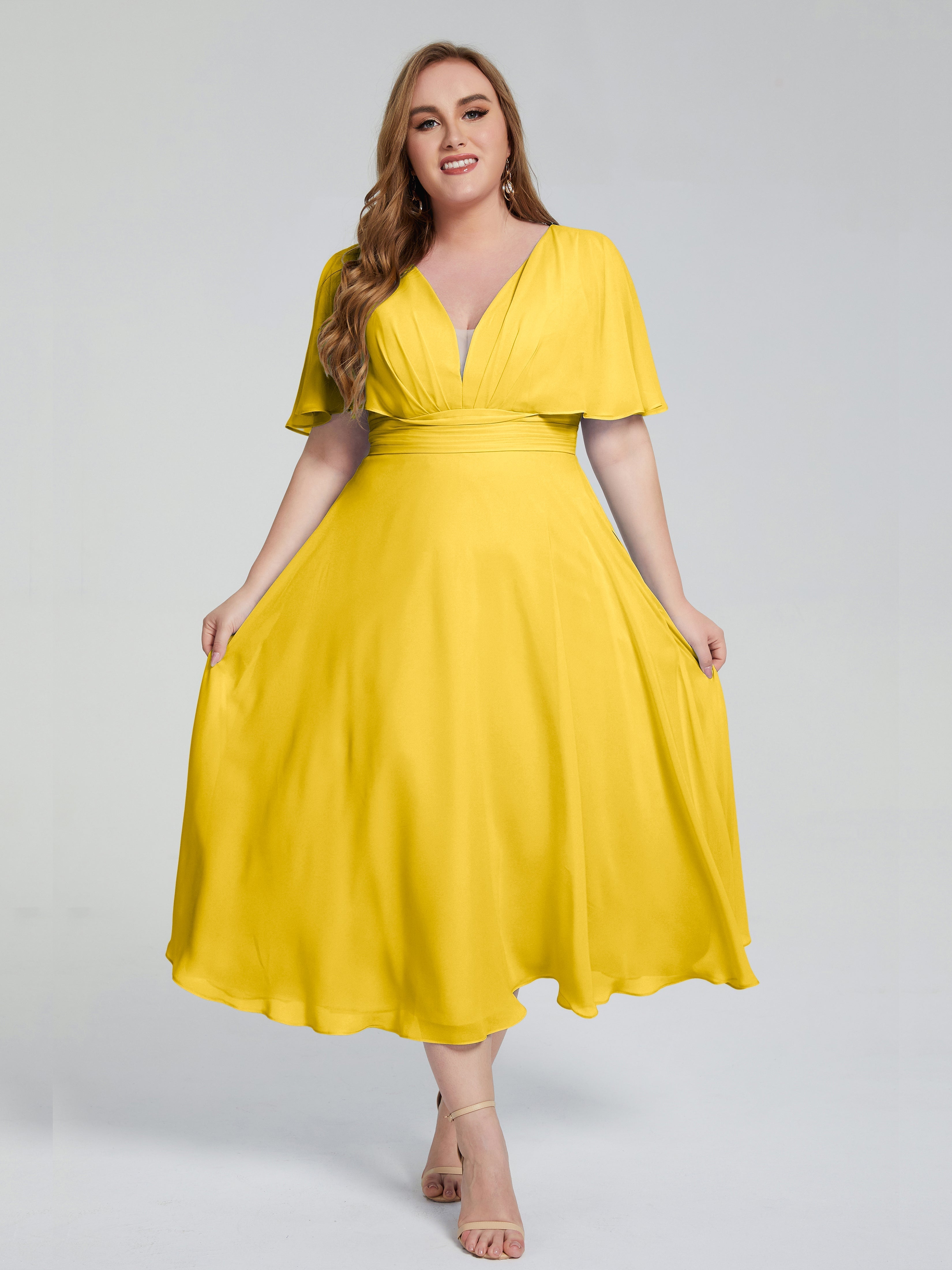 Lucia V-neck Plus Size Bridesmaid Dresses with Sleeves
